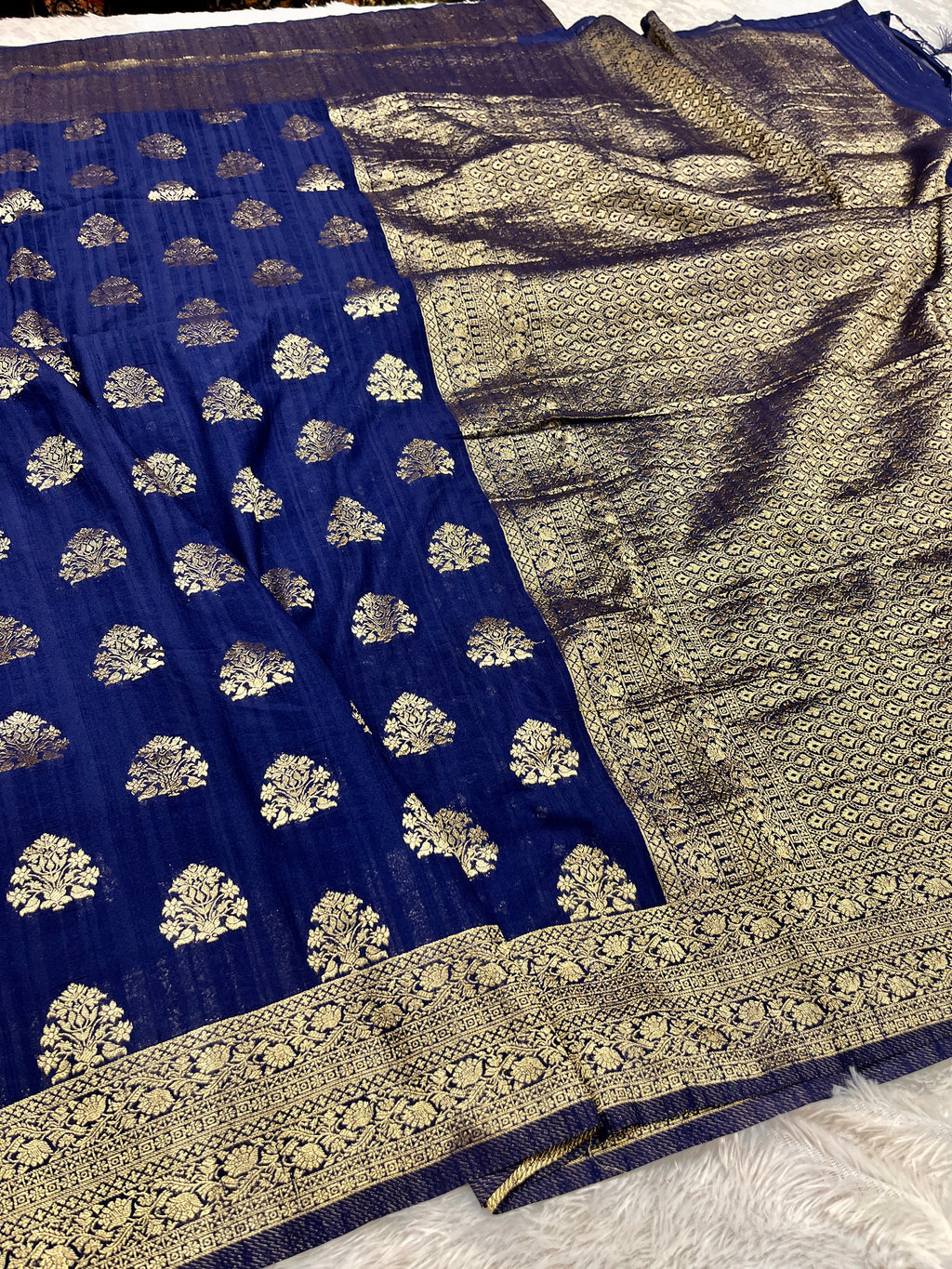 Raw Silk Zari Buta Navy blue  color Saree RS002