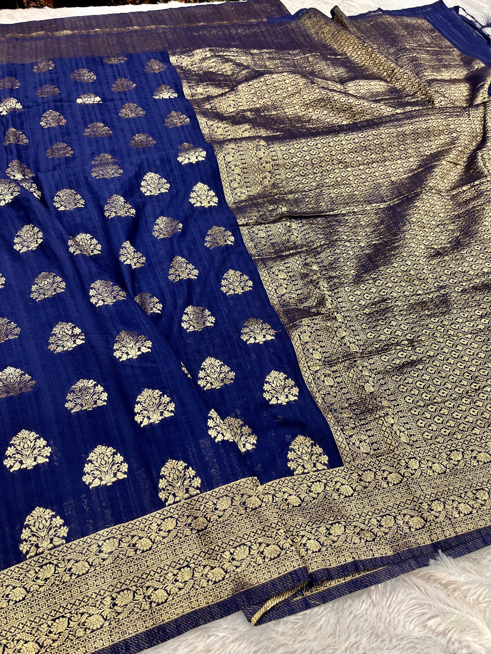 Raw Silk Zari Buta Navy blue  color Saree RS002