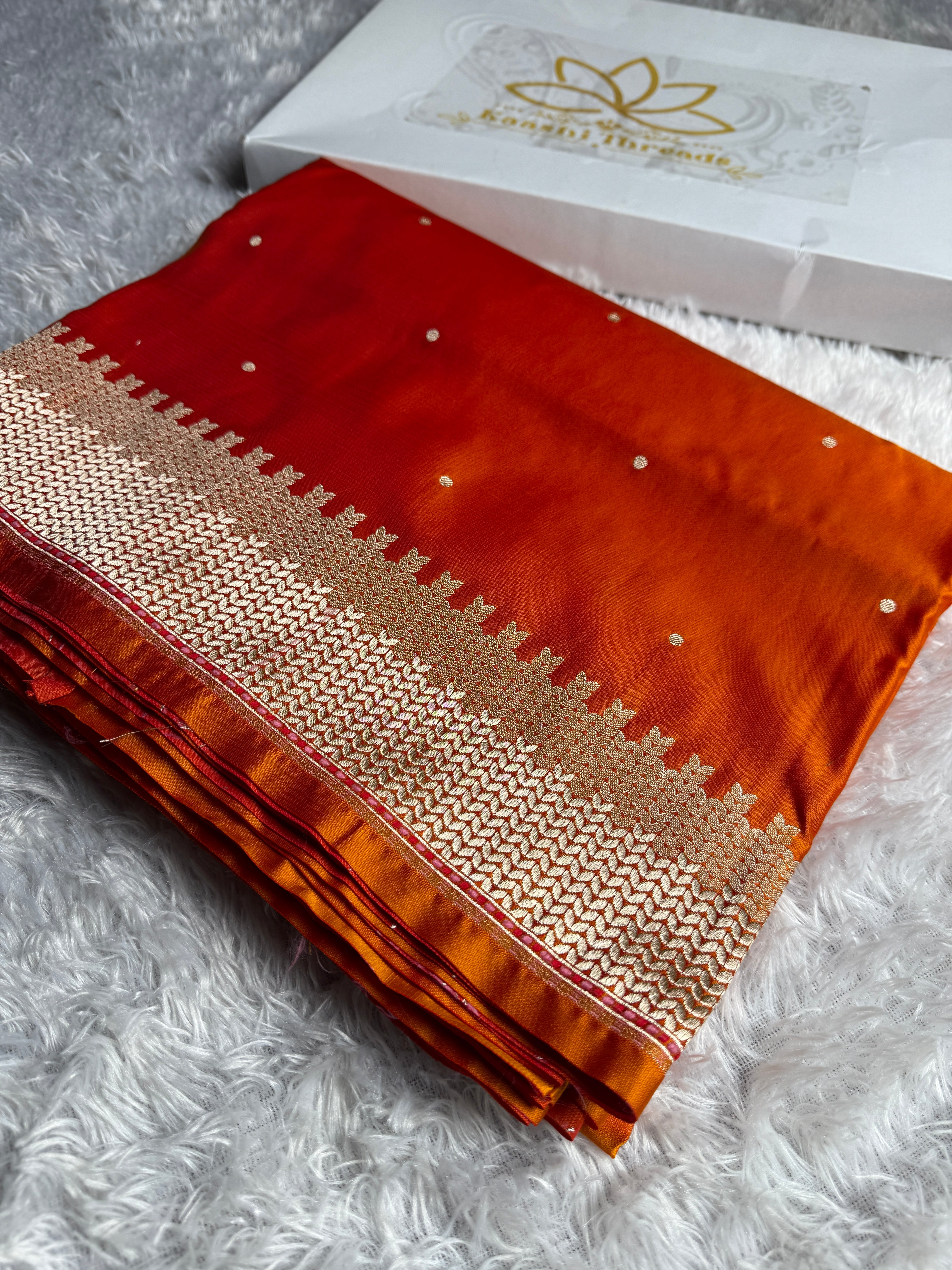 Orange Banarasi Mashru Kataan Silk Saree with Jacquard Woven Matar Buti Design & Rupa-Sona Zari MKS101