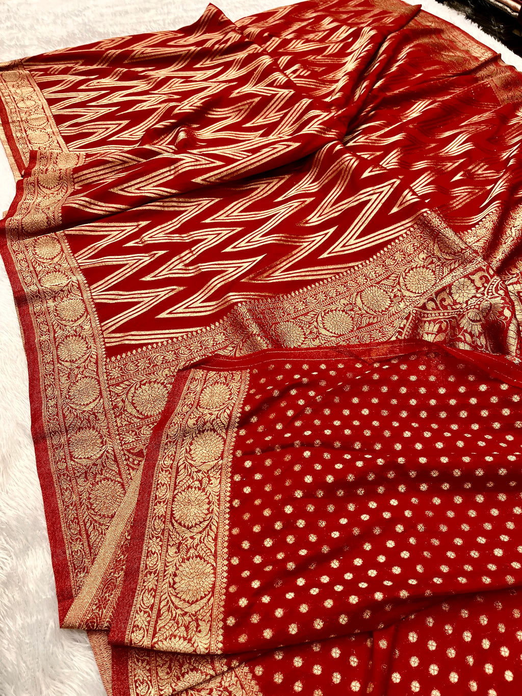 Chinon Silk Zig Zag Design Red Color Saree CN09