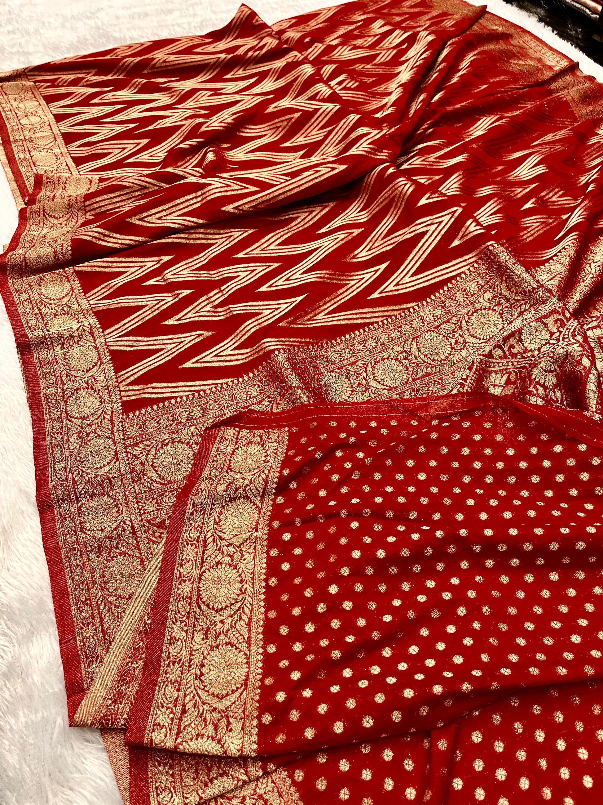 Chinon Silk Zig Zag Design Red Color Saree CN09