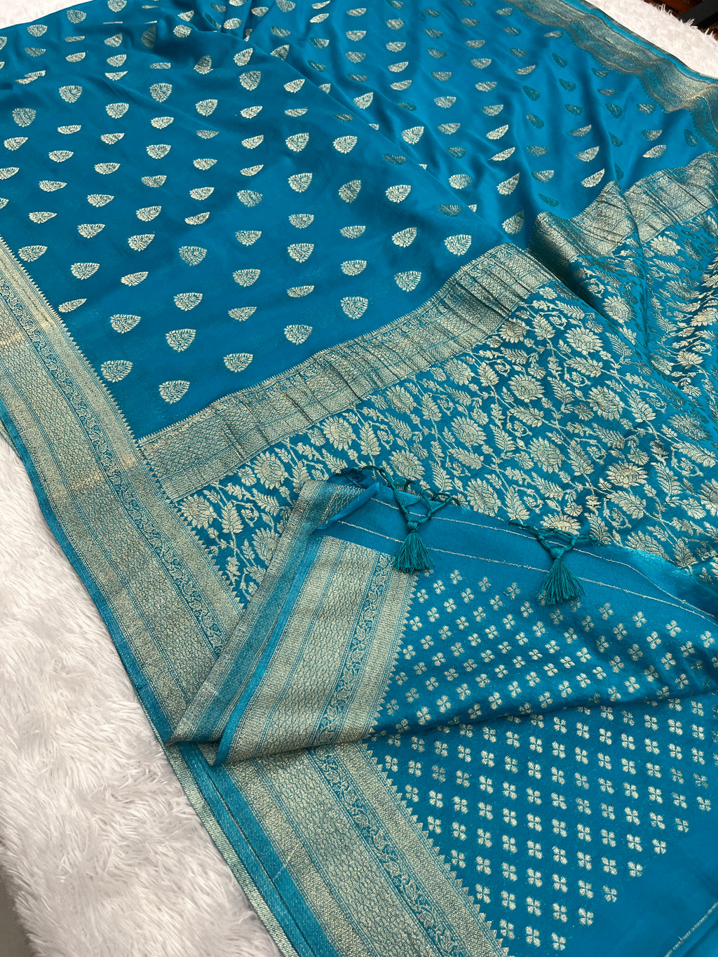 Chinon Silk Buta Zari Firozi Color Saree CN01