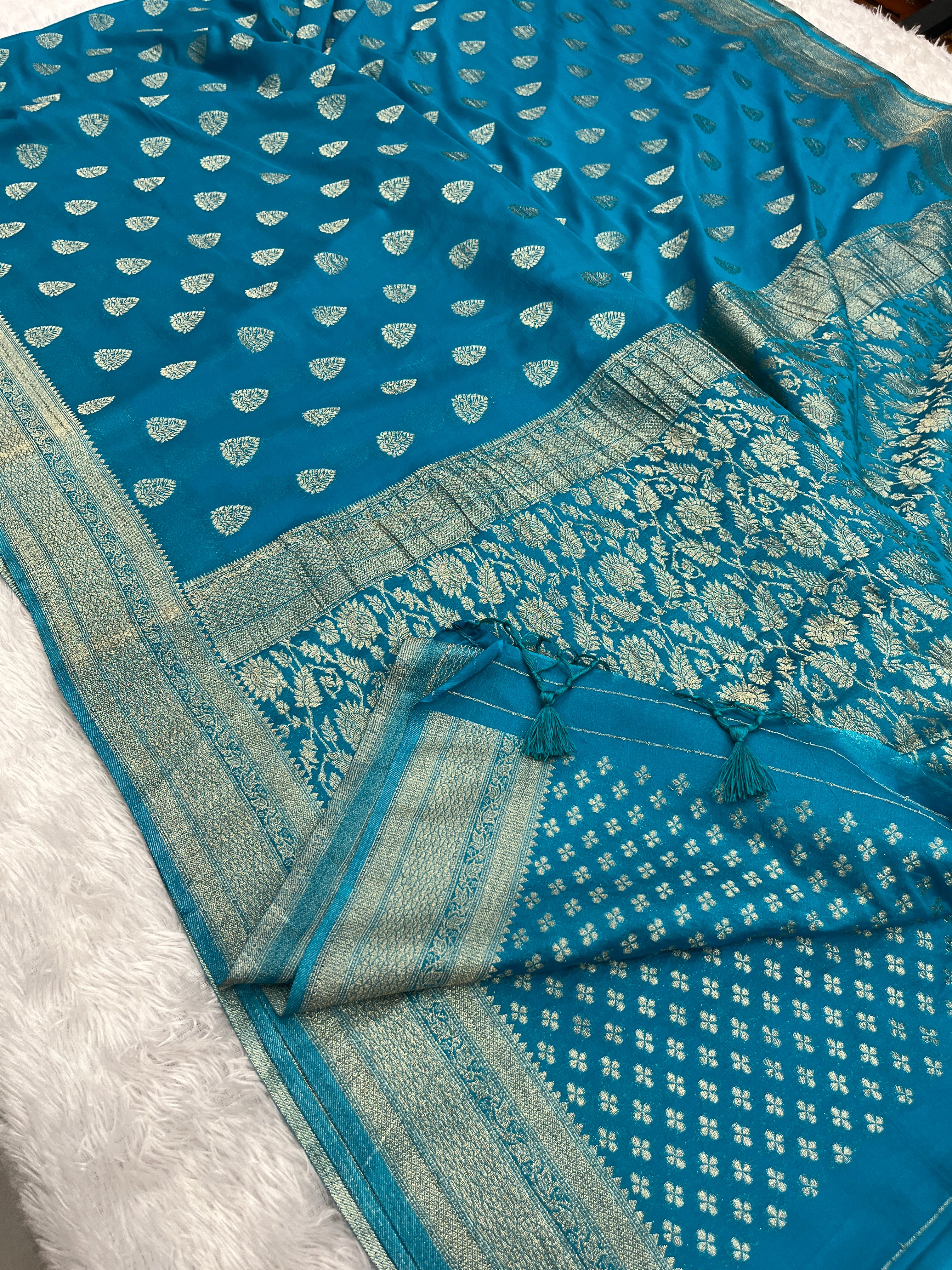 Chinon Silk Buta Zari Firozi Color Saree CN01
