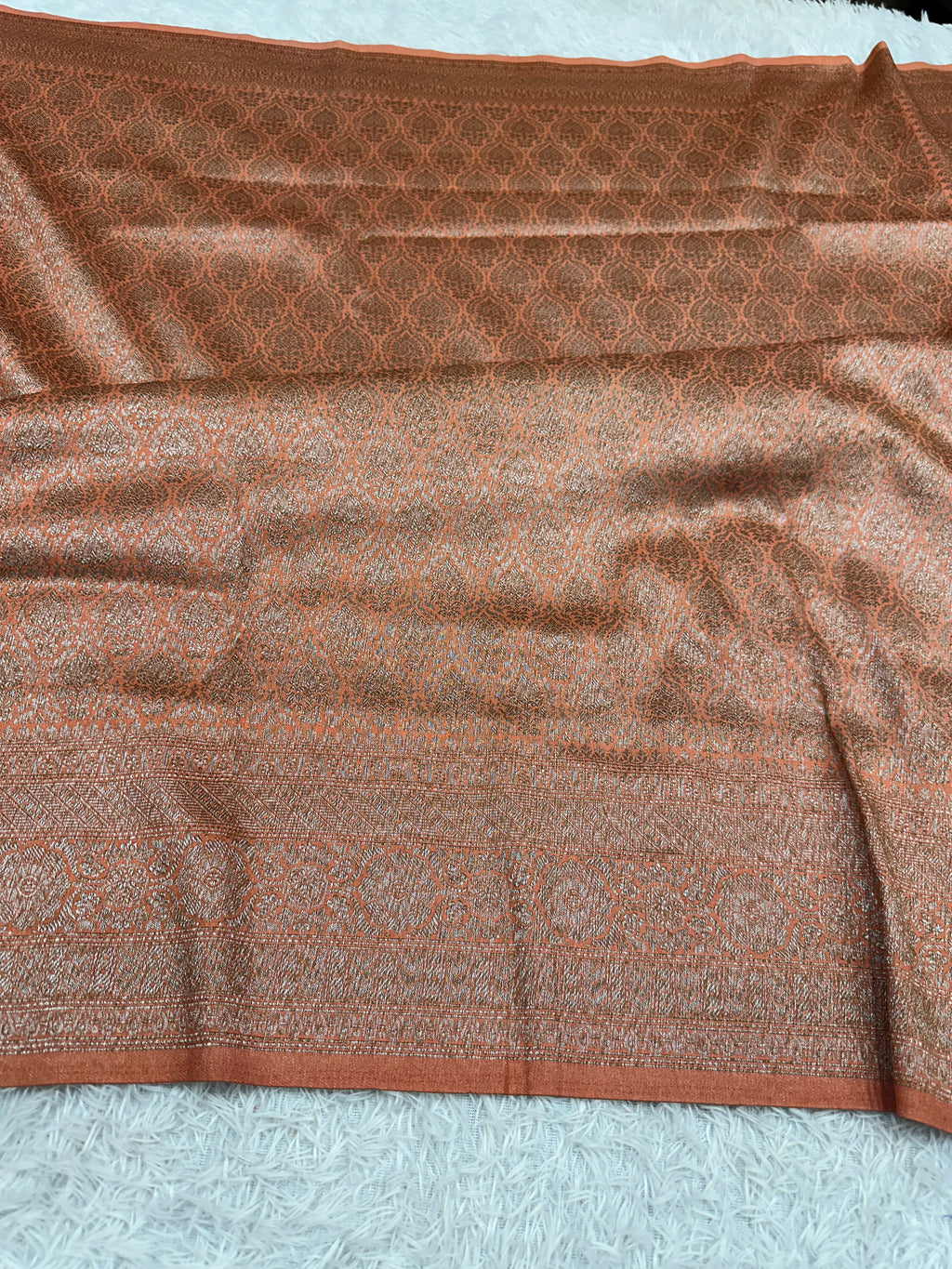 Peach Banarasi Dupion Silk Saree with Embossed Antique Zari Weaving & Rich Antique Zari Pallu | STF70