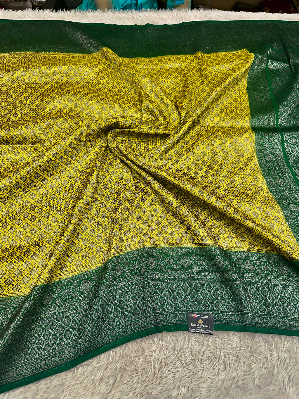 STF44 – Radiant Lemon Yellow Dupion Saree with Silver-Black Antique Zari Weaving