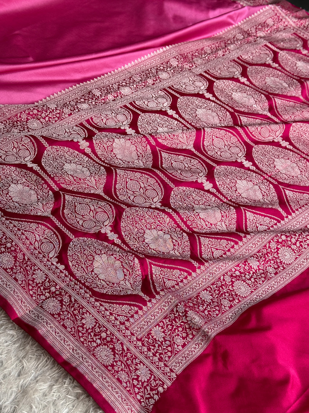 Banarasi Mashru Kataan Silk Saree in Strawberry Pink with Rani Pink Contrast | MKS781