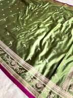 Pista Green Banarasi Mashru Silk Saree with Jacquard Woven Flower Buta & Rupa Sona Zari Finish MKS086