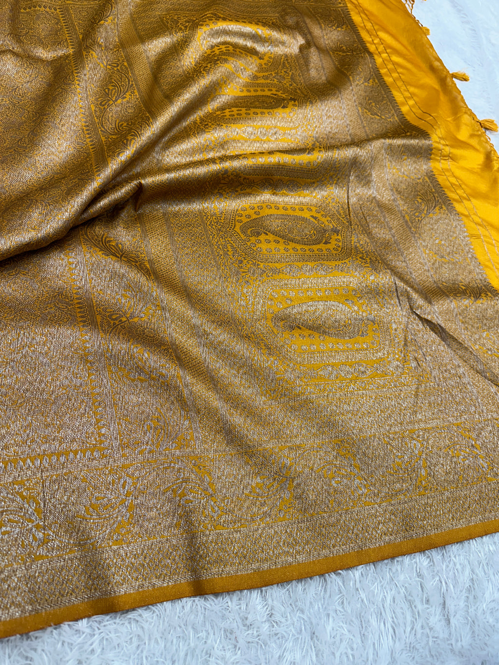 Mustard yellow Banarasi Dupion Silk Saree with Embossed Antique Zari Weaving & Rich Antique Zari Pallu | STF113