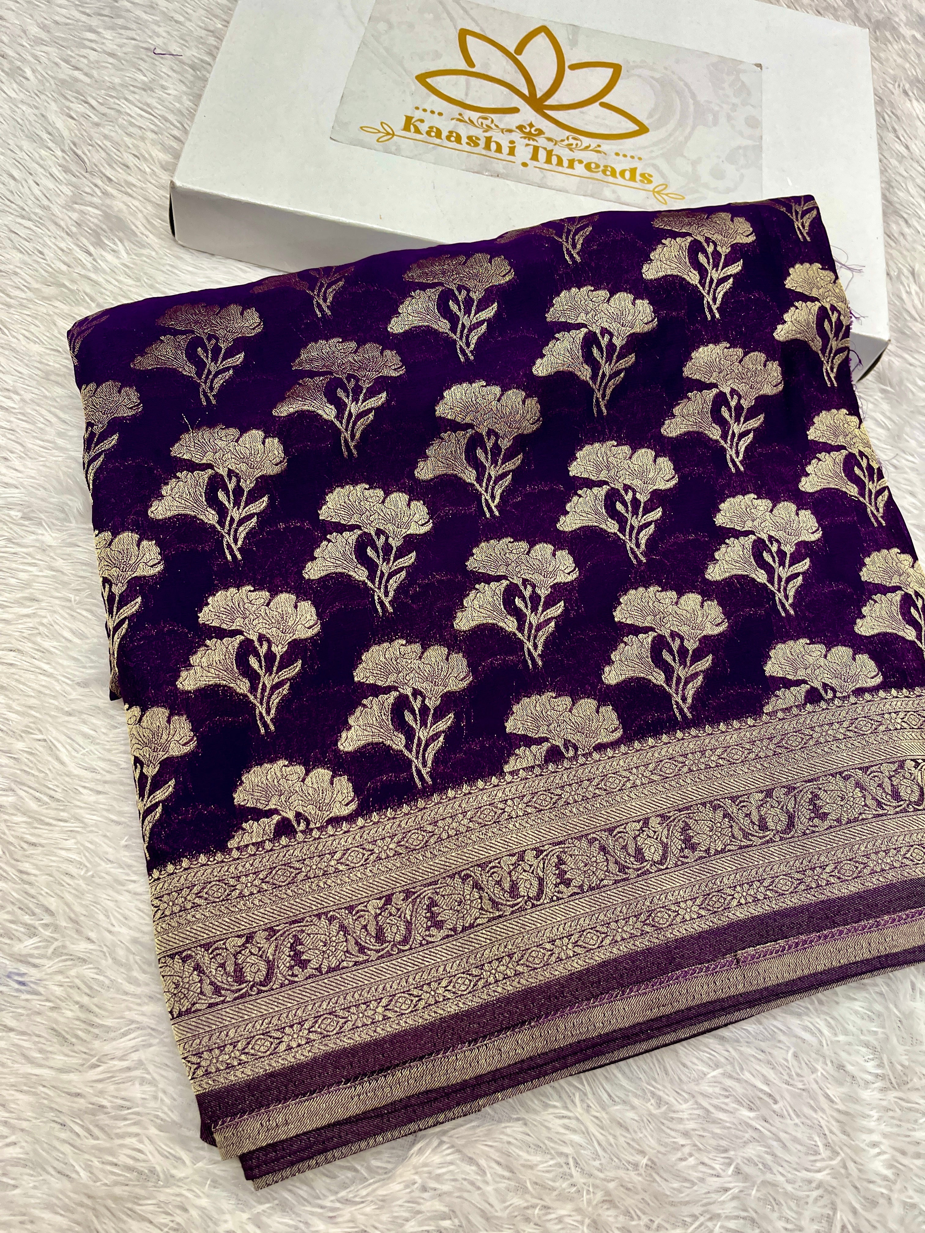 Chinon Silk Dual Flower Design Purple Color Saree CN05