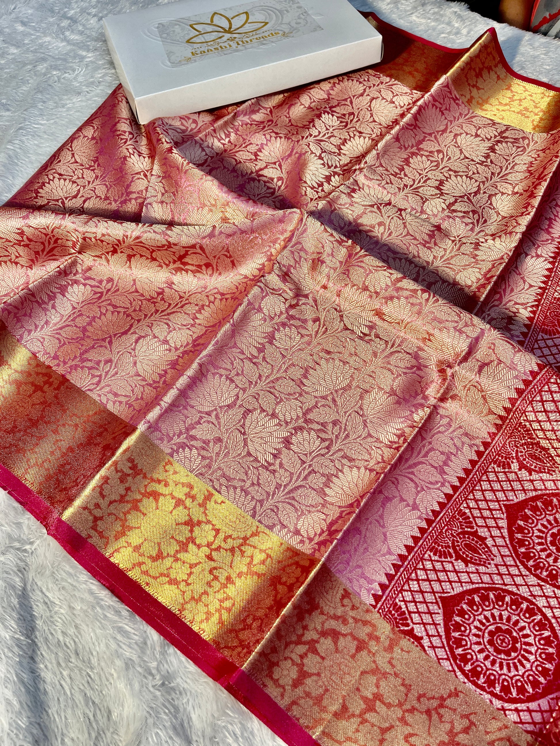 Pink with Red Tissue Silk Saree Ts38