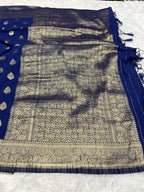 Raw Silk Zari Paan Navy blue  color  Saree RS005