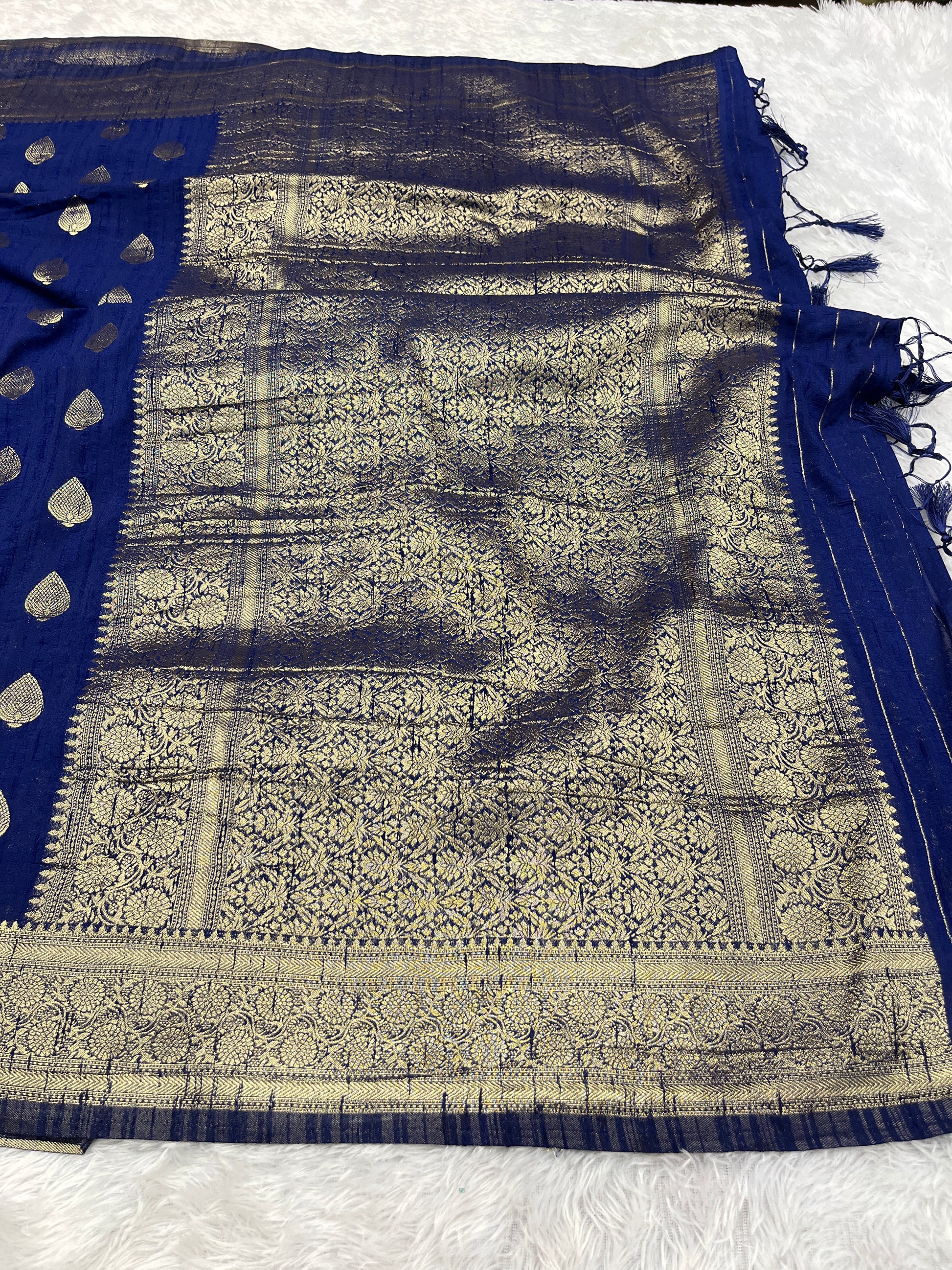 Raw Silk Zari Paan Navy blue  color  Saree RS005