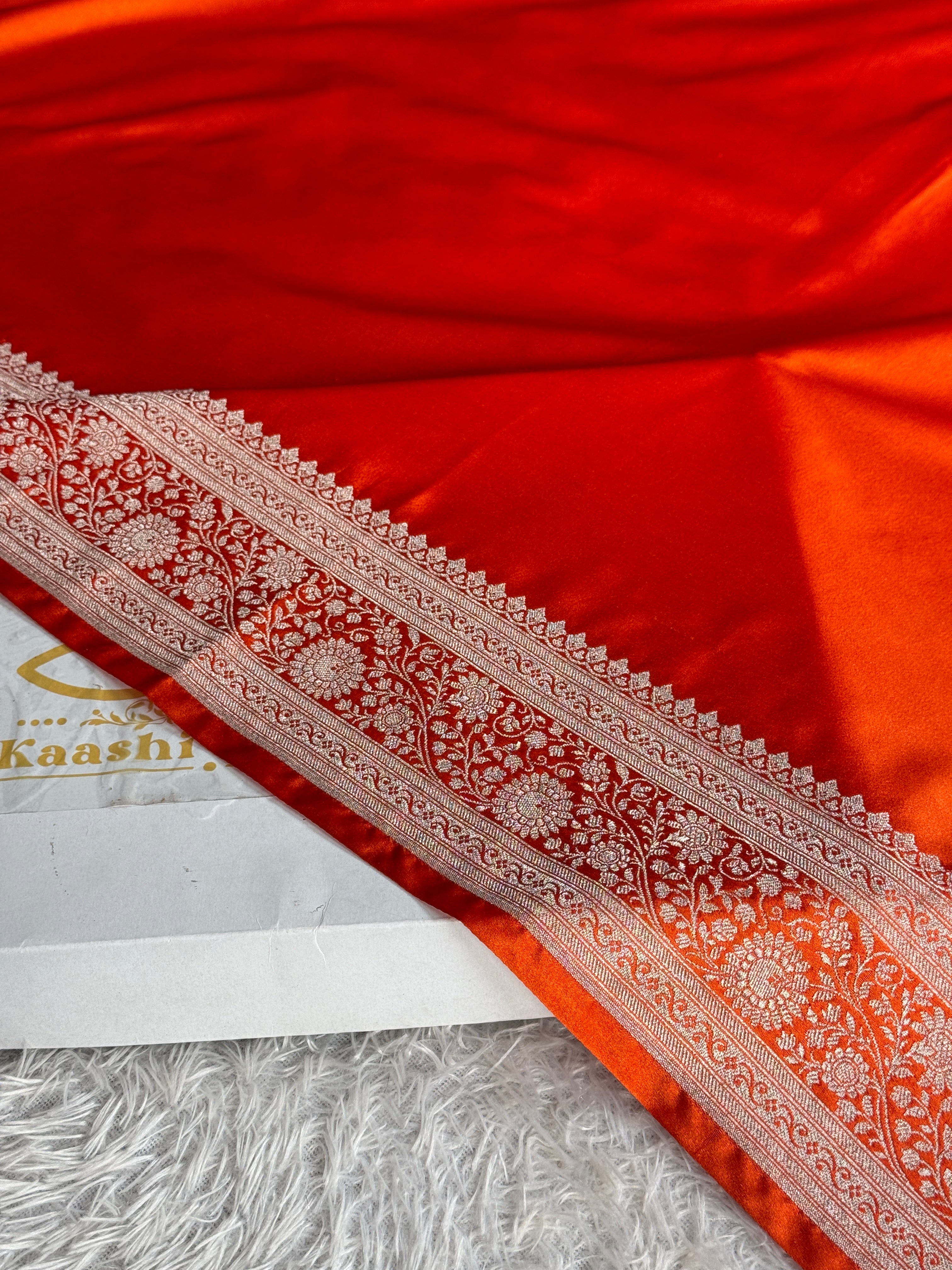 Orange Banarasi Mashru Kataan Silk Saree with Zari Woven Border | MKS711