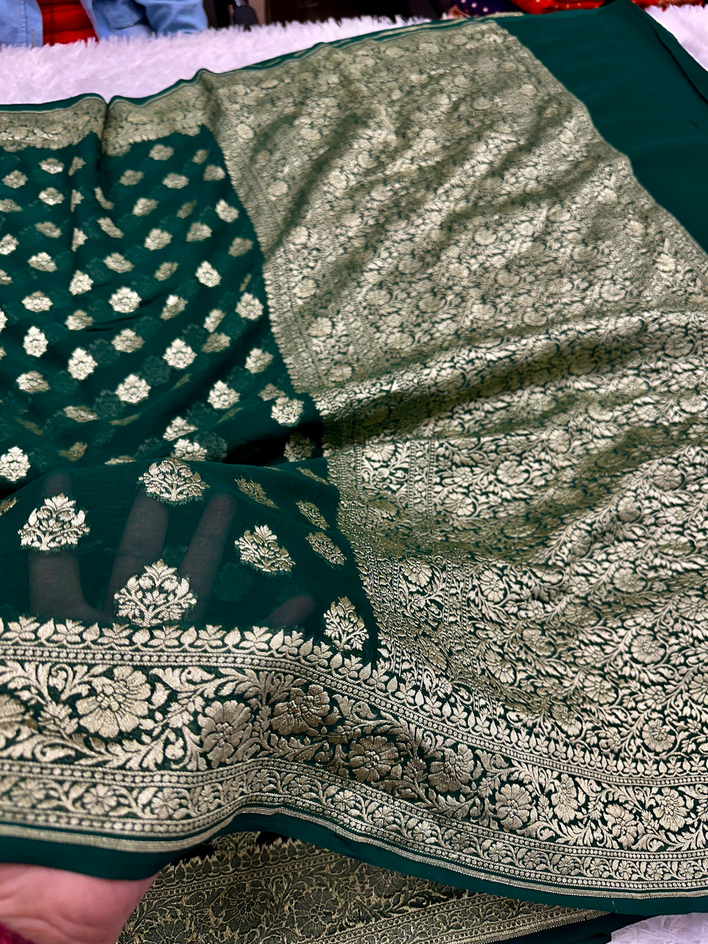 Green Pure Natural Silk Khaddi Georgette Saree with Buta Woven Design | PSG11