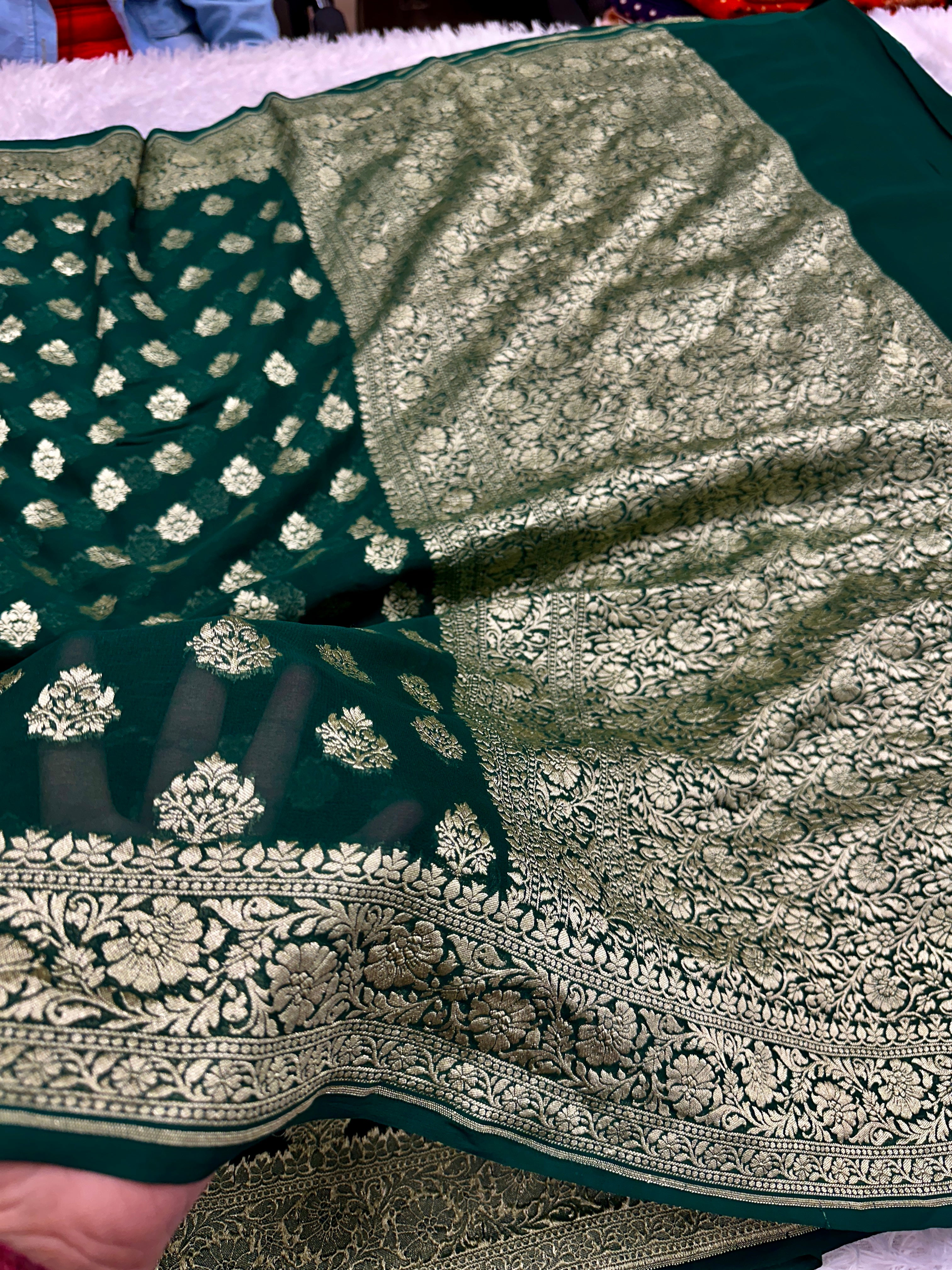 Green Pure Natural Silk Khaddi Georgette Saree with Buta Woven Design | PSG11