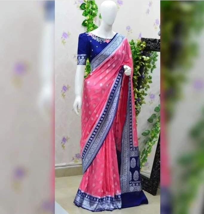 Semi Georgette Silk Saree with Leaf Buta & Rich Zari Pallu – SM61