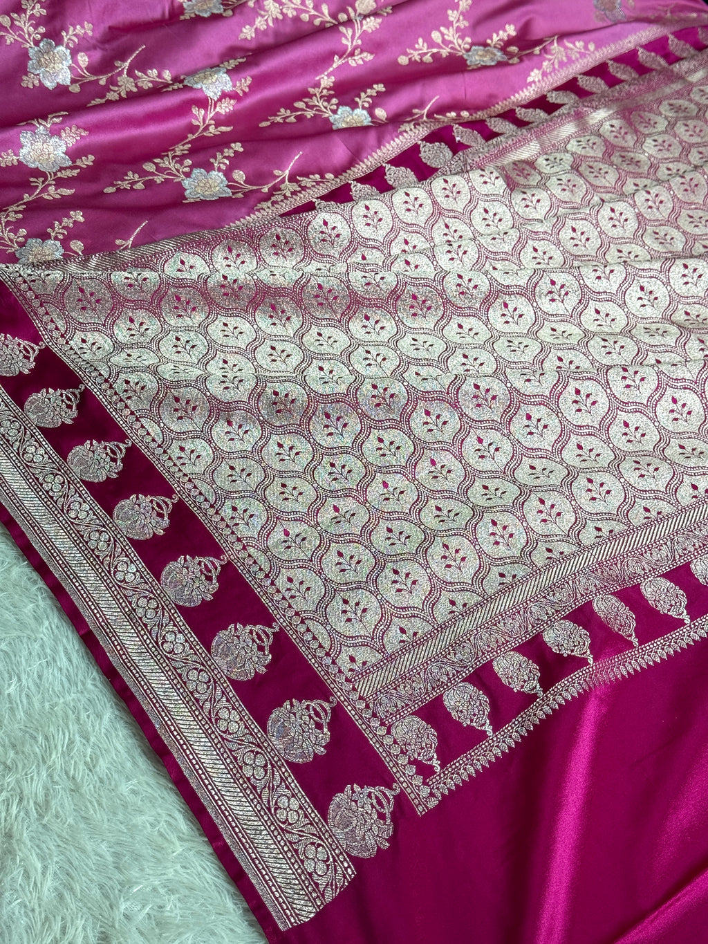 Strawberry Pink Banarasi Satin Mashru Silk Saree with Rani Pink Contrast & Zari Meenakari Work MKS367