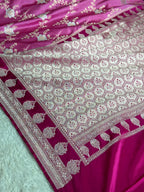 Strawberry Pink Banarasi Satin Mashru Silk Saree with Rani Pink Contrast & Zari Meenakari Work MKS367