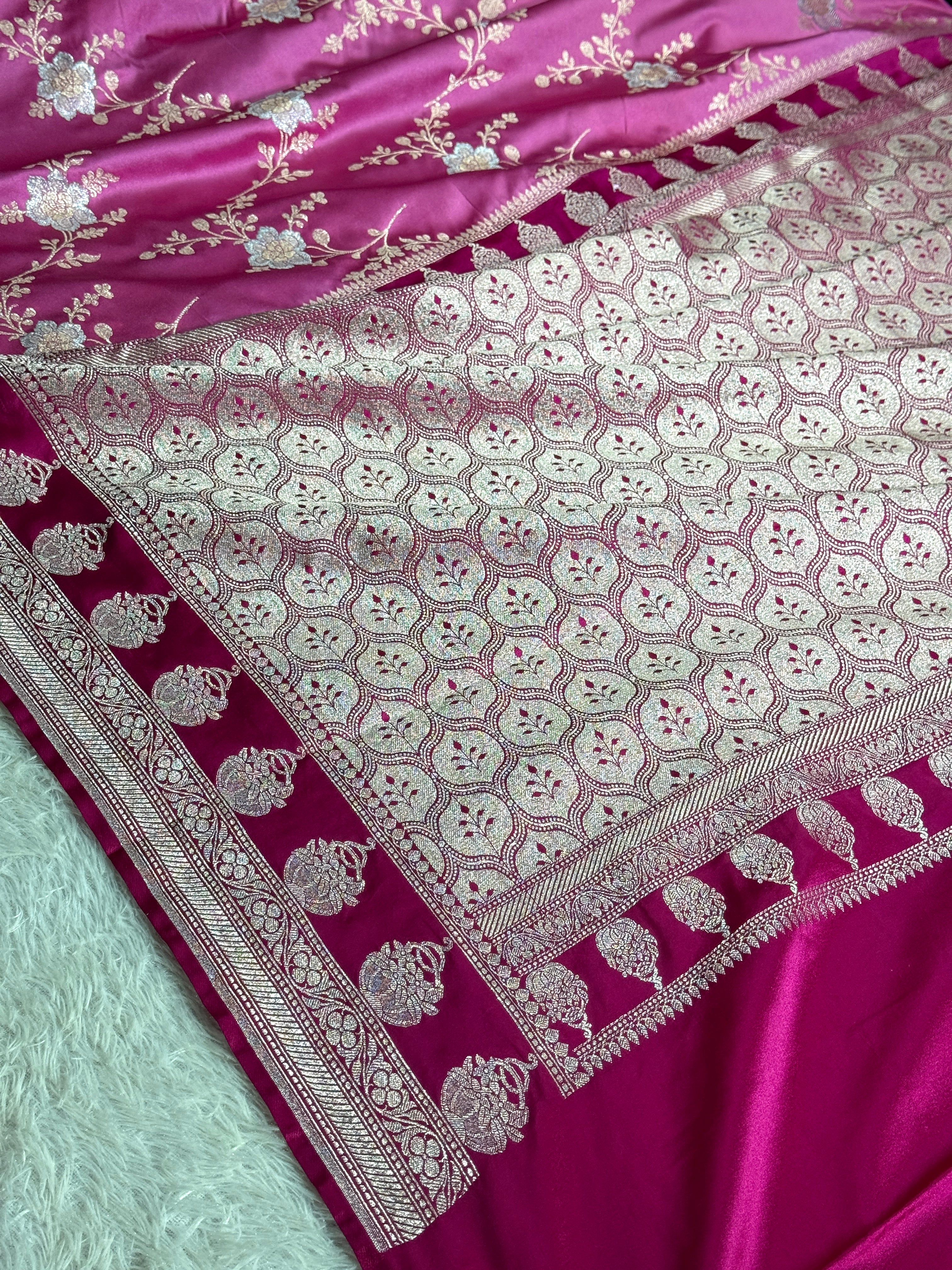 Strawberry Pink Banarasi Satin Mashru Silk Saree with Rani Pink Contrast & Zari Meenakari Work MKS367