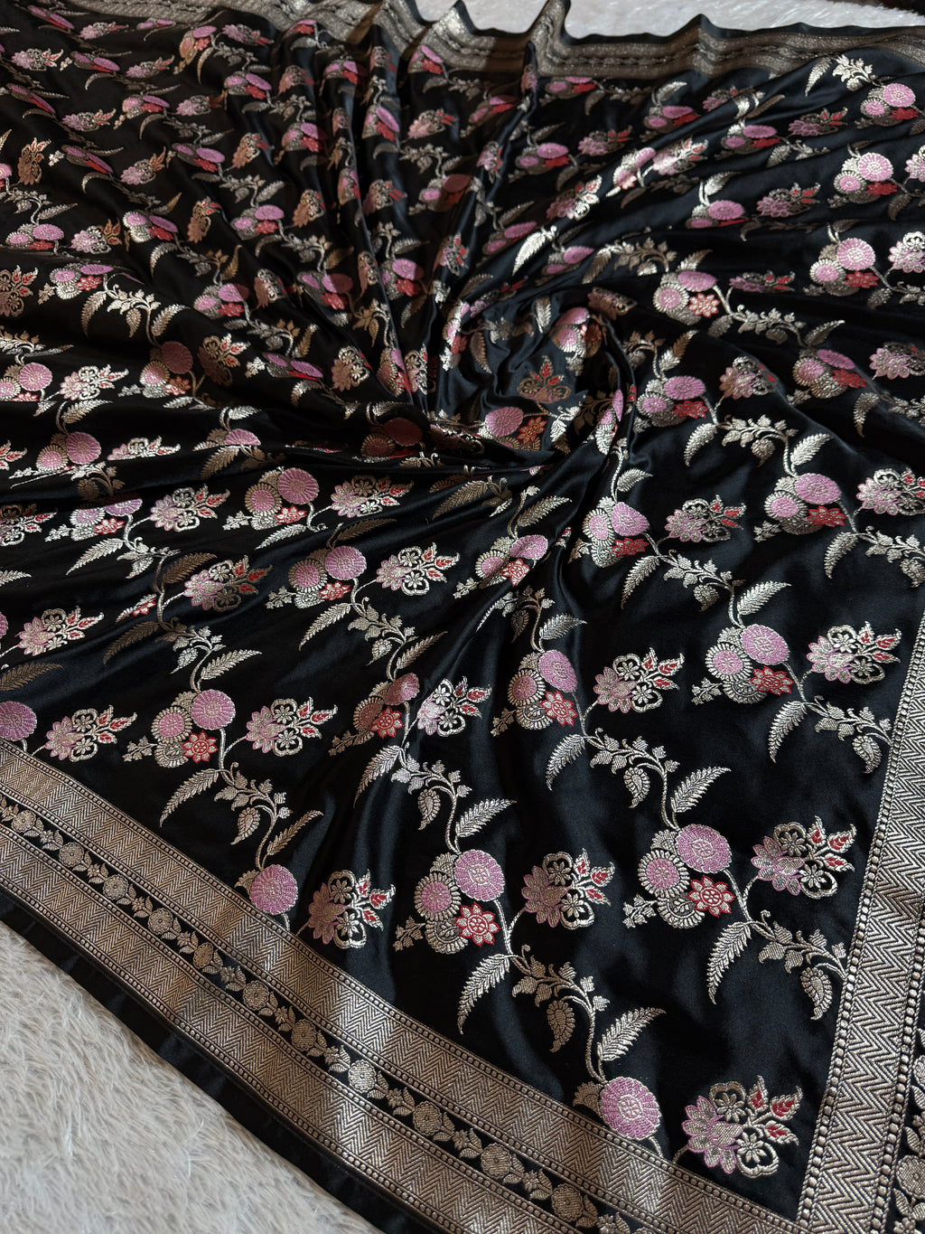 Black Meena Mashru Kataan Silk Saree MKS07