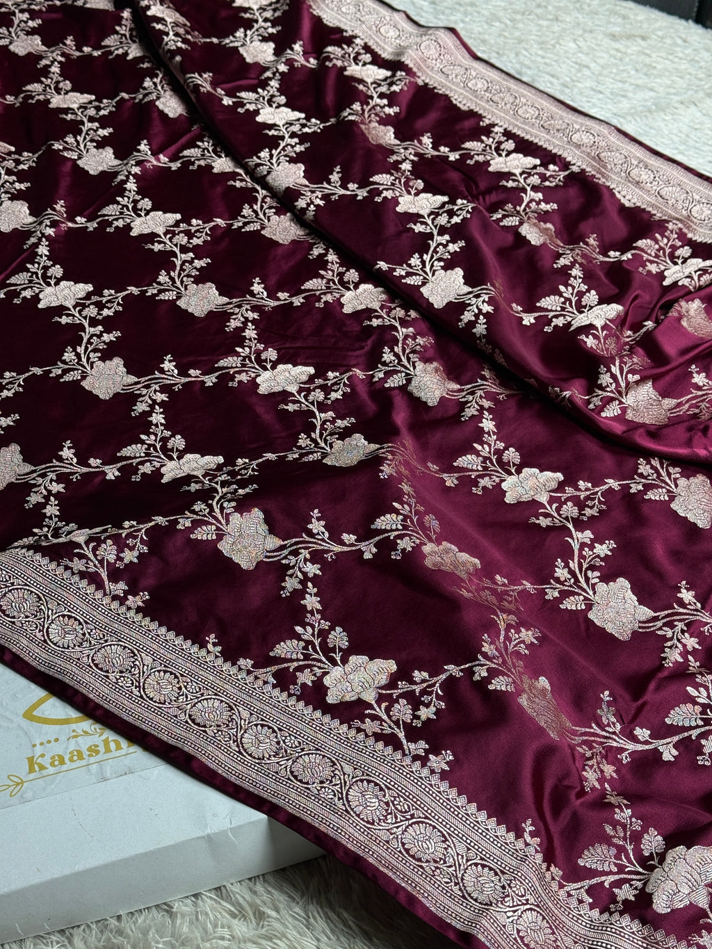Wine Banarasi Mashru Silk Saree with All-Over Jaal Weaving & Scalloped Border – MKS216