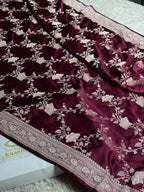 Wine Banarasi Mashru Silk Saree with All-Over Jaal Weaving & Scalloped Border – MKS216