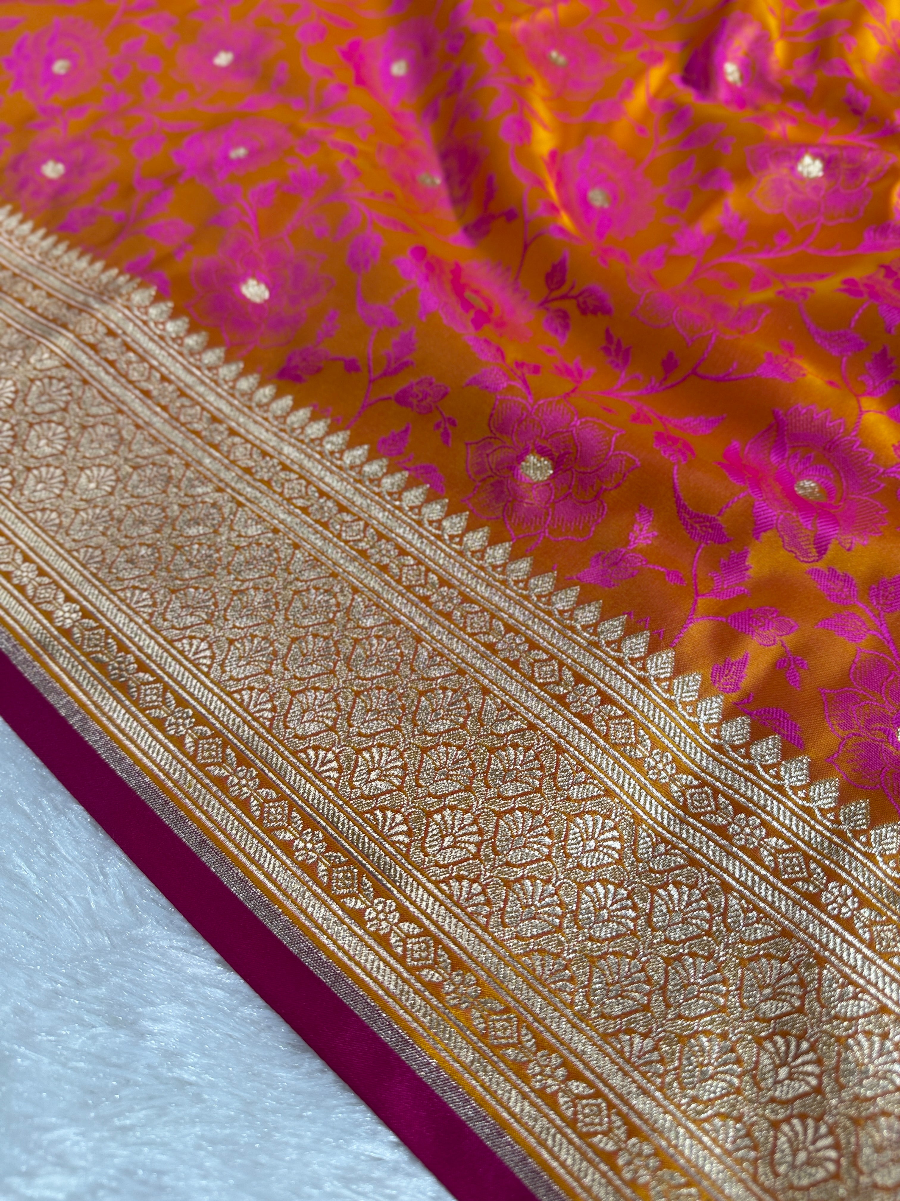 Yellow Banarasi Mashru Silk Saree with Dual Tone Tanchoi Jacquard Woven Design MKS095