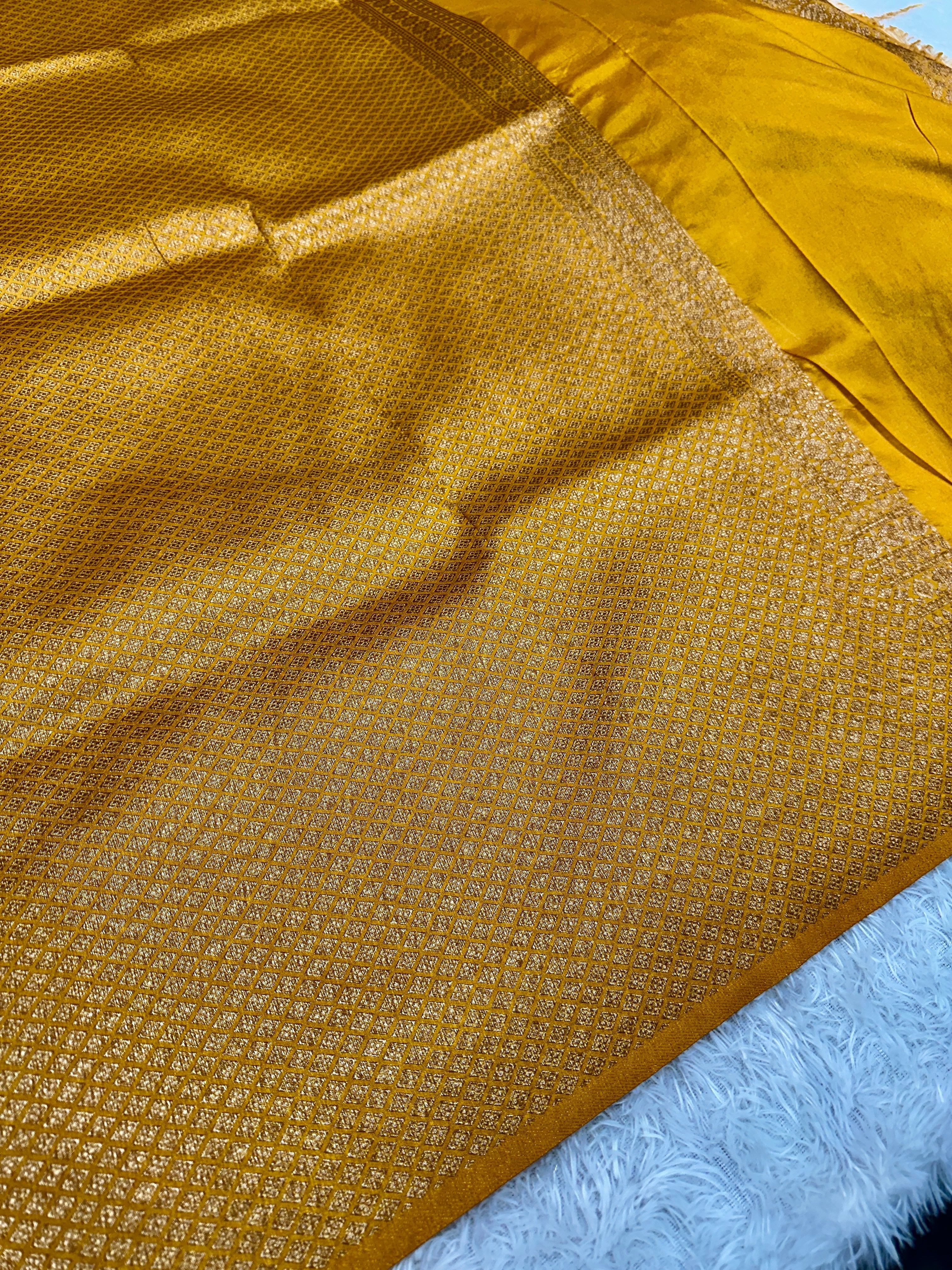 Mustard Yellow Banarasi Dupion Silk Saree with Embossed Antique Zari Weaving & Rich Antique Zari Pallu | STF61