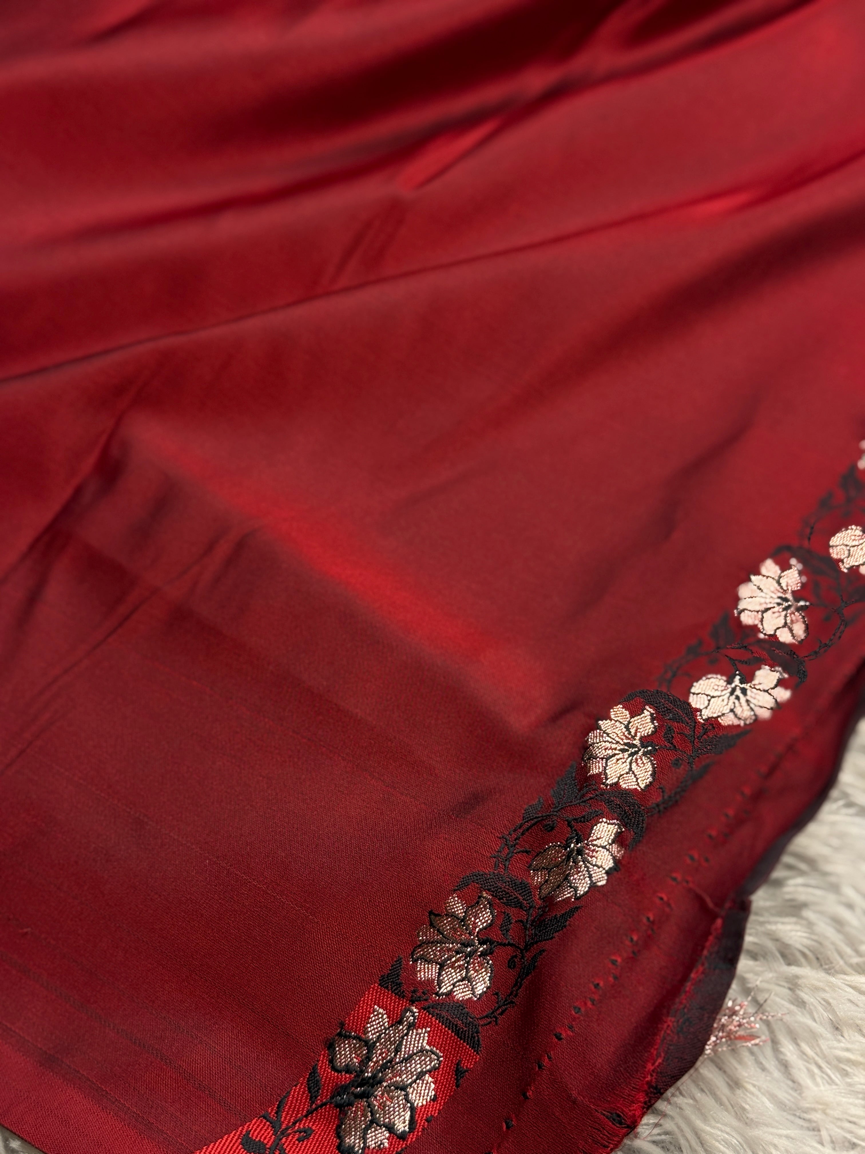 Maroon Banarasi Mashru Silk Saree with Buti Woven Design & Satin Patta Border MKS226