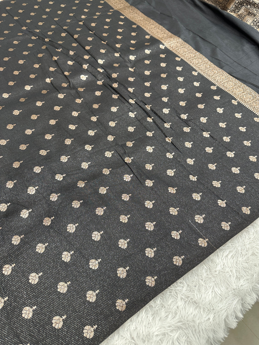 Black Banarasi Dupion Silk Saree with Embossed Antique Zari Weaving & Rich Antique Zari Pallu | STF101