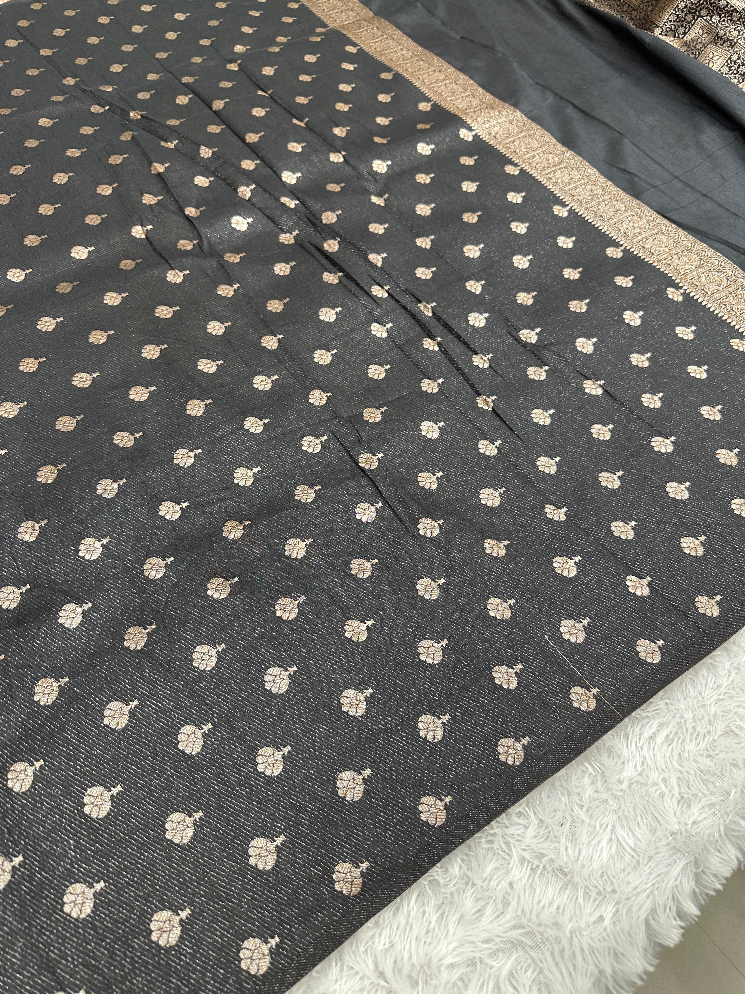Black Banarasi Dupion Silk Saree with Embossed Antique Zari Weaving & Rich Antique Zari Pallu | STF101