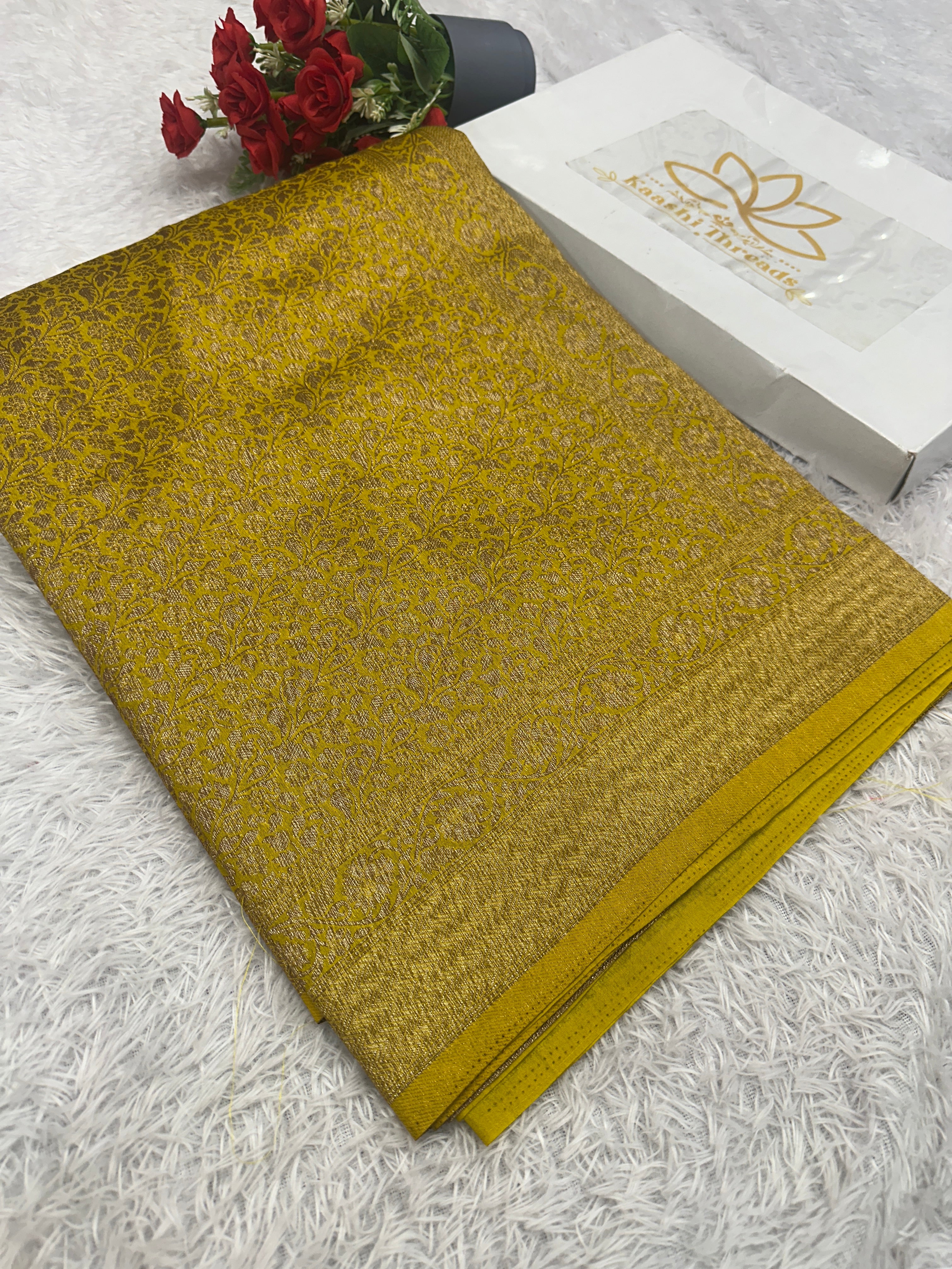 Lemon Yellow Banarasi Dupion Silk Saree with Embossed Antique Zari Weaving & Rich Antique Zari Pallu | STF82