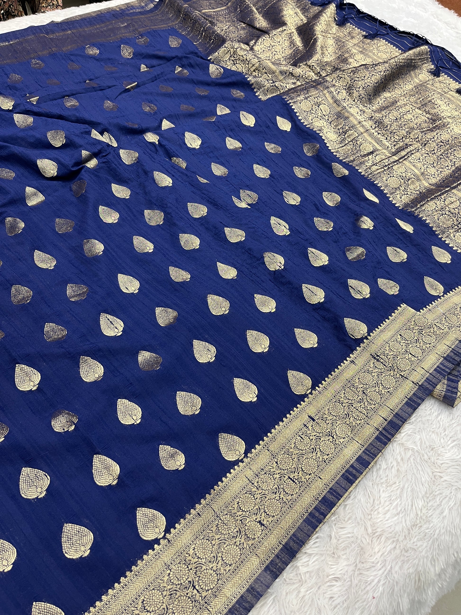Raw Silk Zari Paan Navy blue  color  Saree RS005