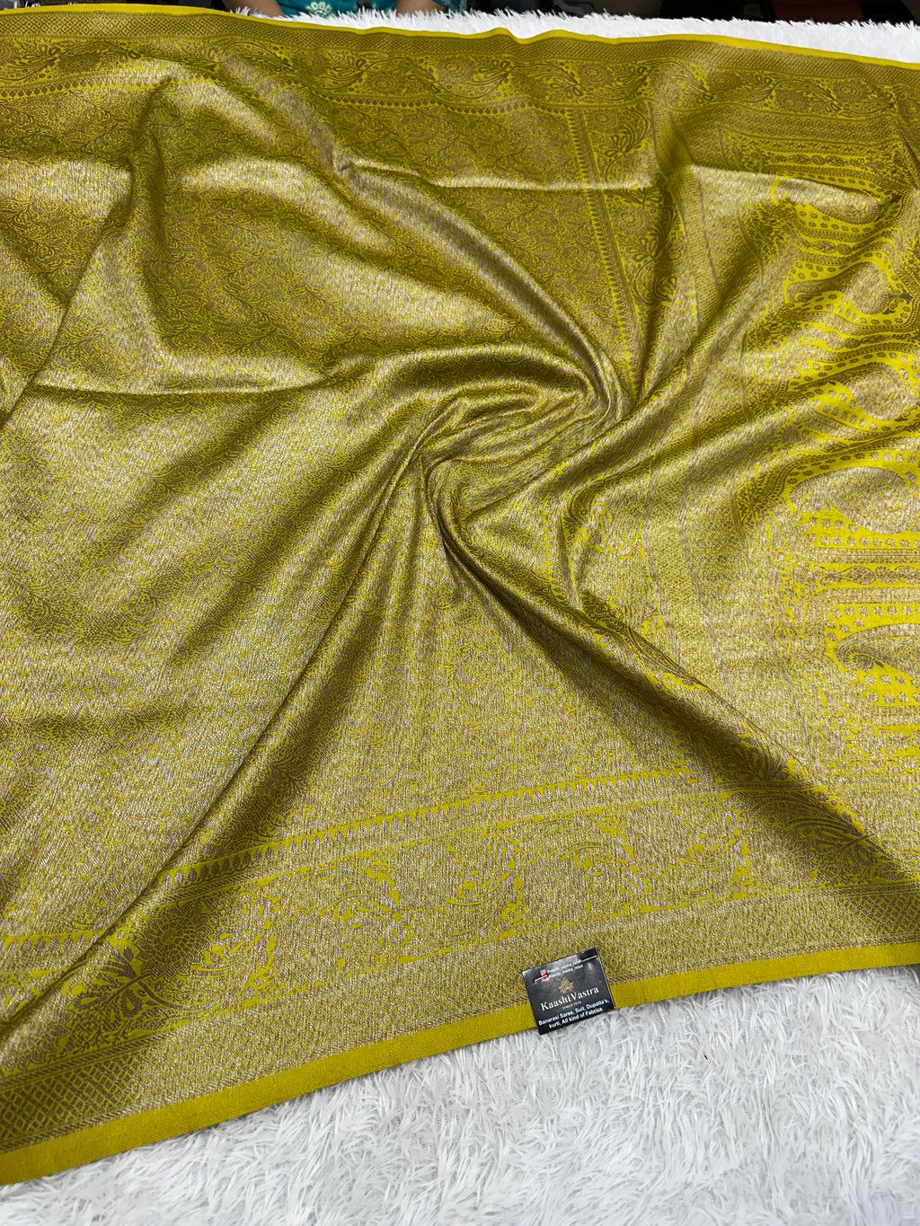 Lemon Banarasi Dupion Silk Saree with Embossed Antique Zari Weaving & Rich Antique Zari Pallu | STF102