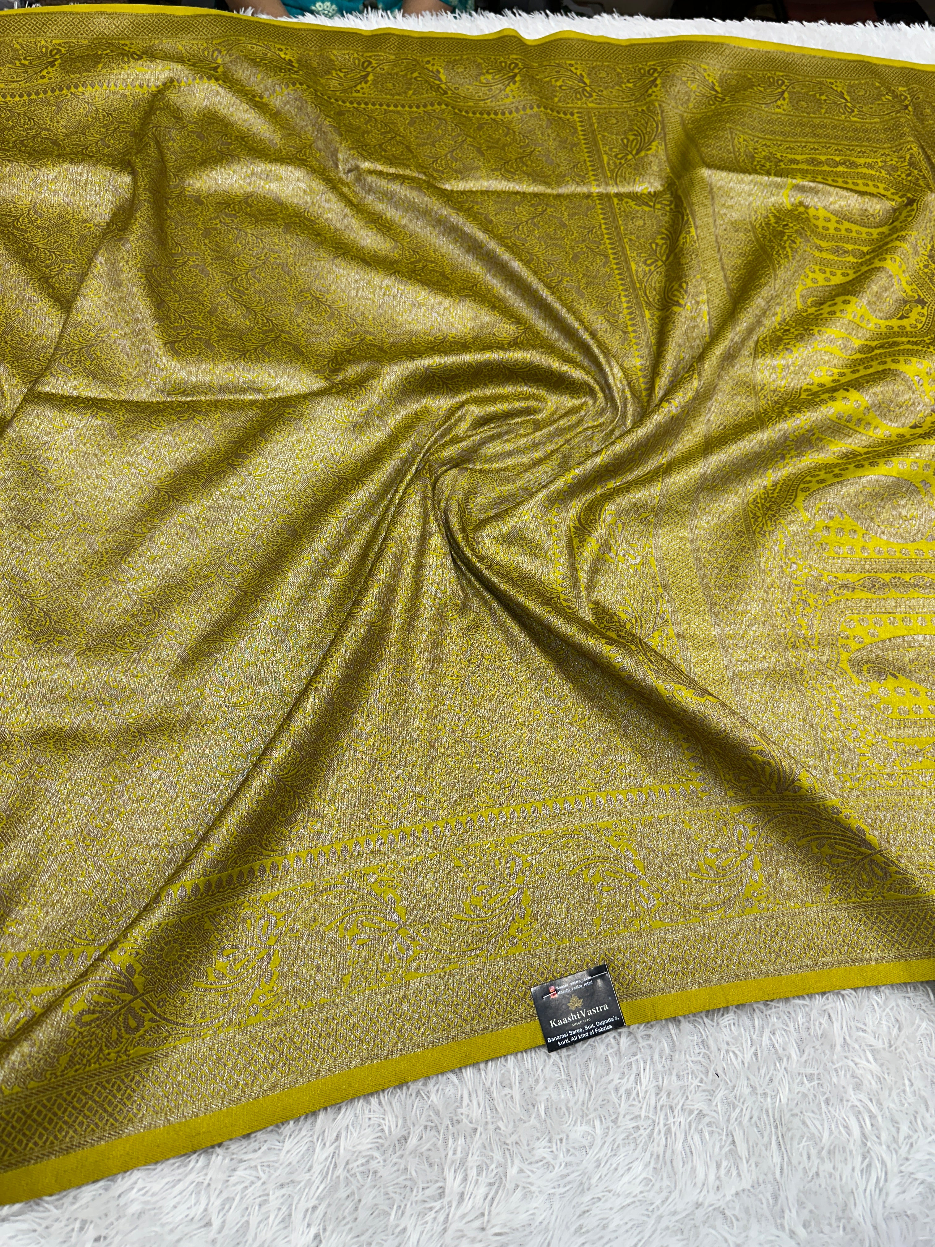 Lemon Banarasi Dupion Silk Saree with Embossed Antique Zari Weaving & Rich Antique Zari Pallu | STF102