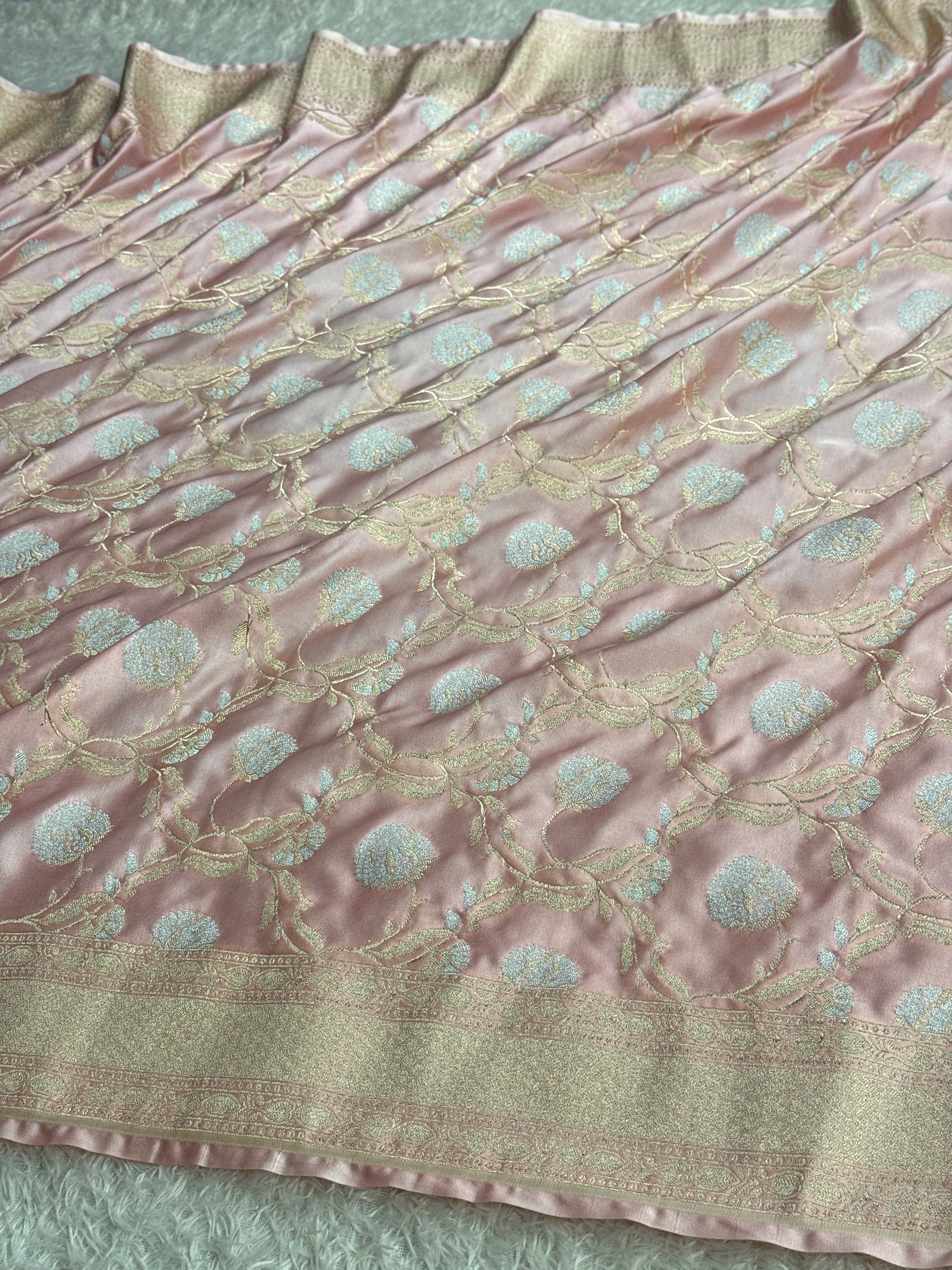 Peach Mashru Kataan Silk Jaal Woven Banarasi Saree with Silver Zari Meena Work – MKS731