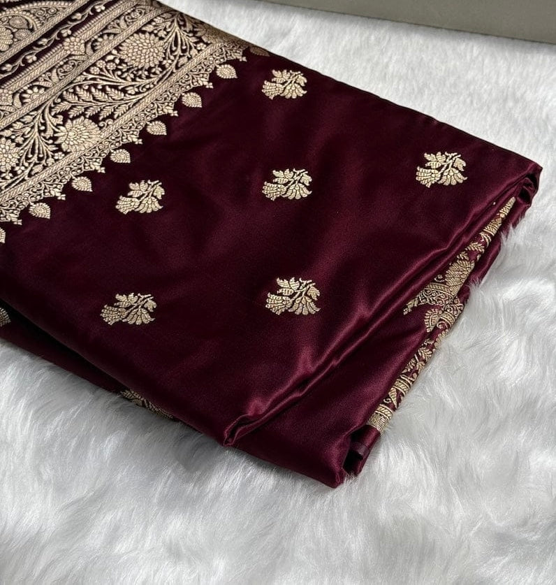 Banarasi Mashru Kataan Silk Saree Featuring Fancy Buta Pattern with Ikkat Border & Zari Pallu – MKS408