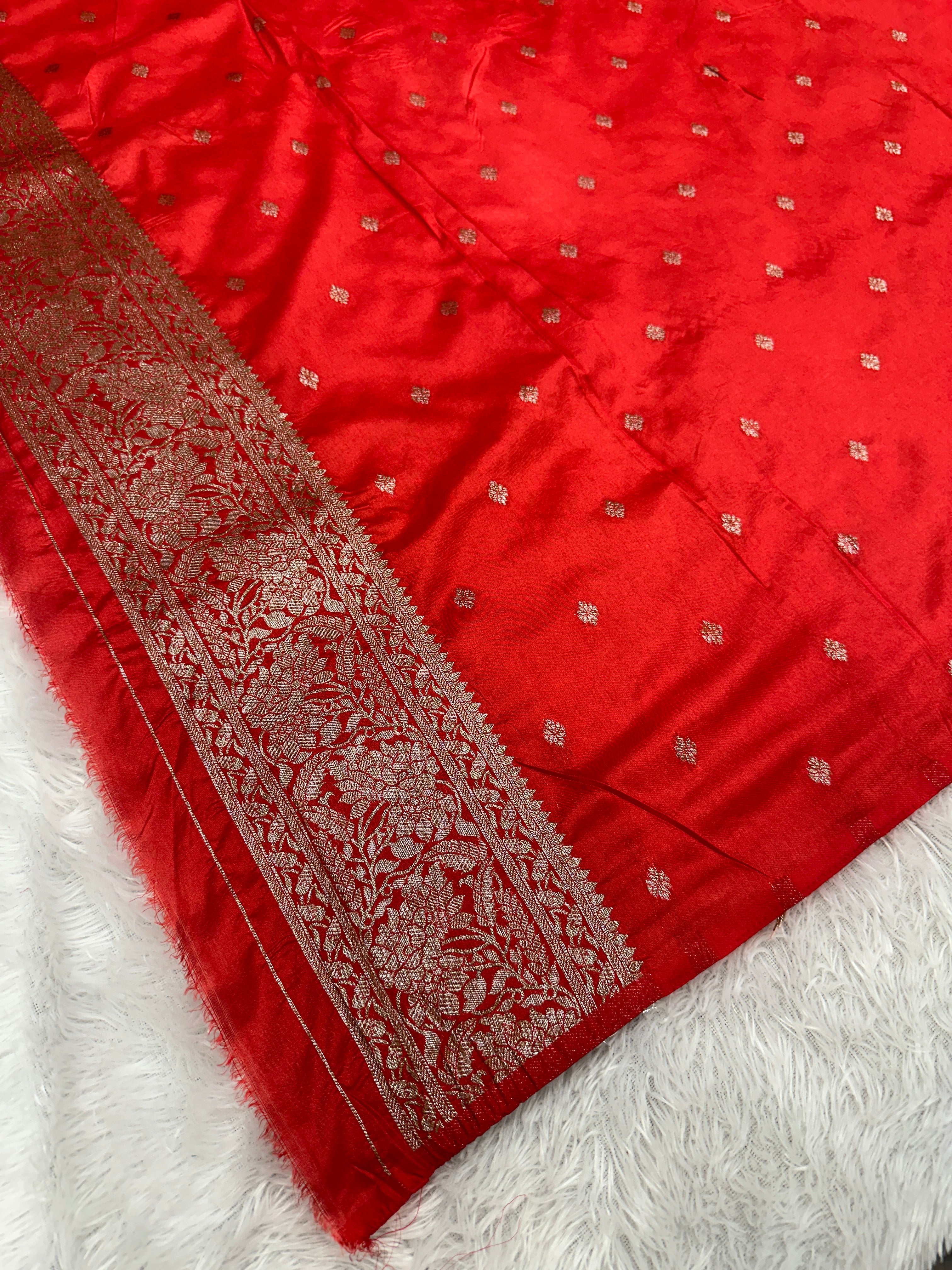 Red Banarasi Dupion Silk Saree with Embossed Antique Zari Weaving & Rich Antique Zari Pallu | STF66