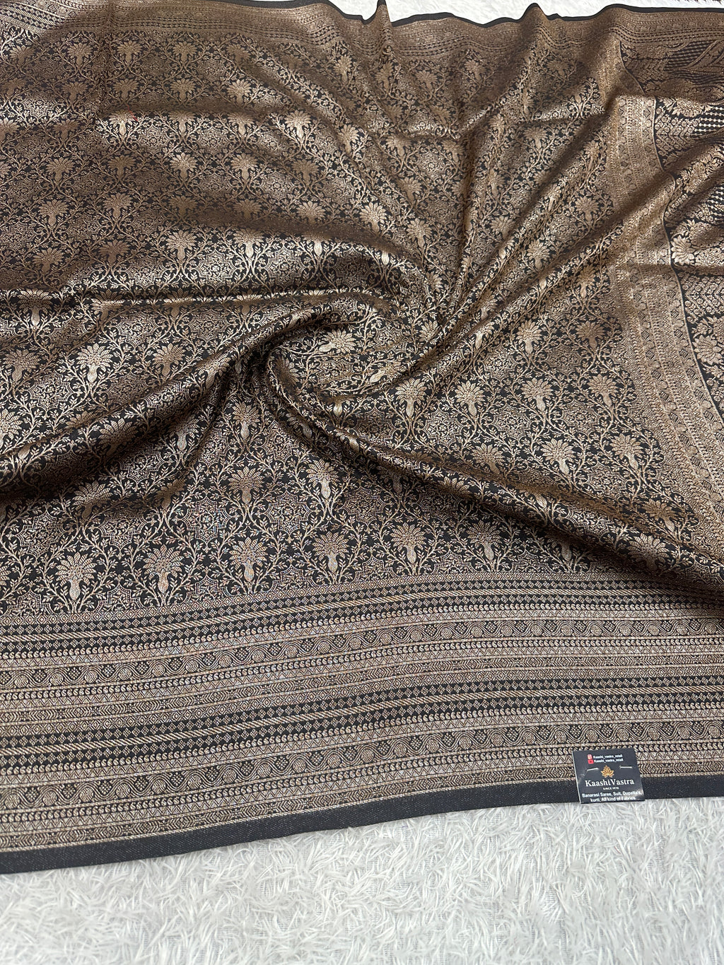Black Banarasi Dupion Silk Saree with Embossed Antique Zari Weaving & Rich Antique Zari Pallu | STF79