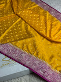 Bright Yellow Banarasi Mashru Silk Saree with Rani Contrast and Tanchoi Zari Meena Work MKS213