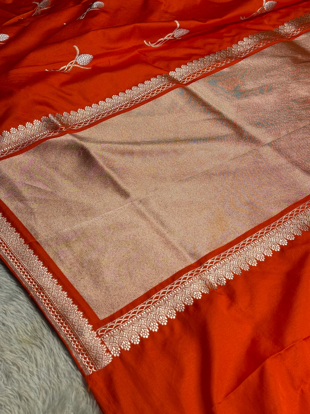 Orange Silver Meena Buta Banarasi Satin Mashru Silk Saree – Running Blouse | 780g MKS234