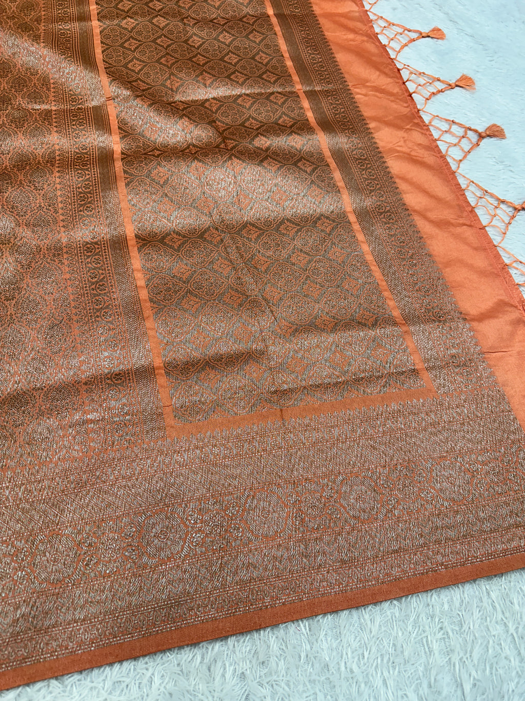 Peach Banarasi Dupion Silk Saree with Embossed Antique Zari Weaving & Rich Antique Zari Pallu | STF70