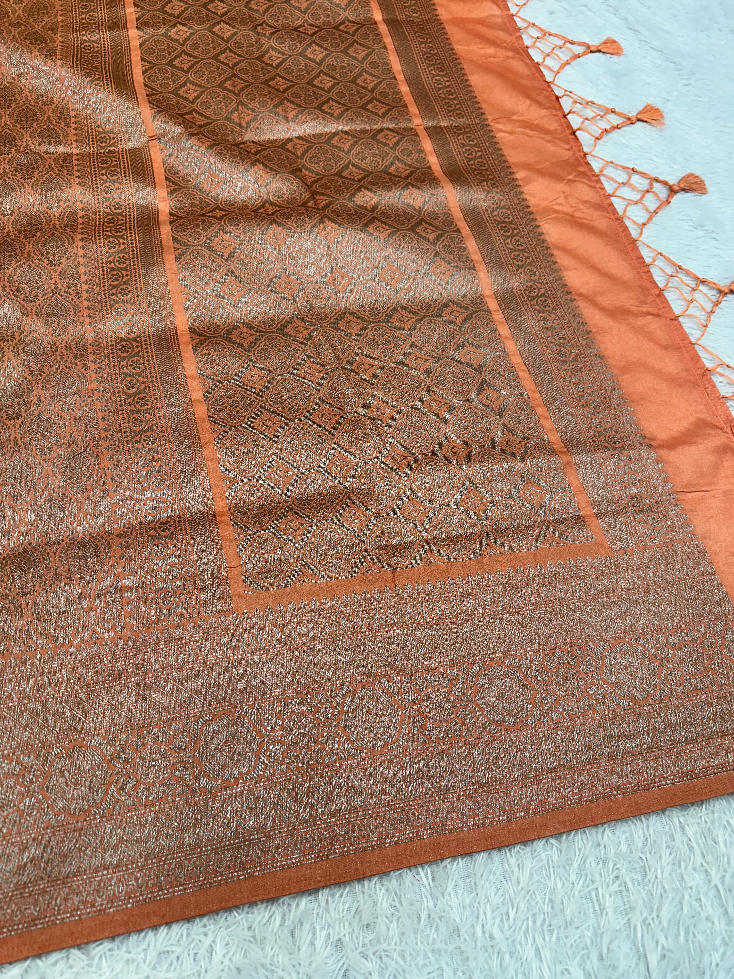 Peach Banarasi Dupion Silk Saree with Embossed Antique Zari Weaving & Rich Antique Zari Pallu | STF70