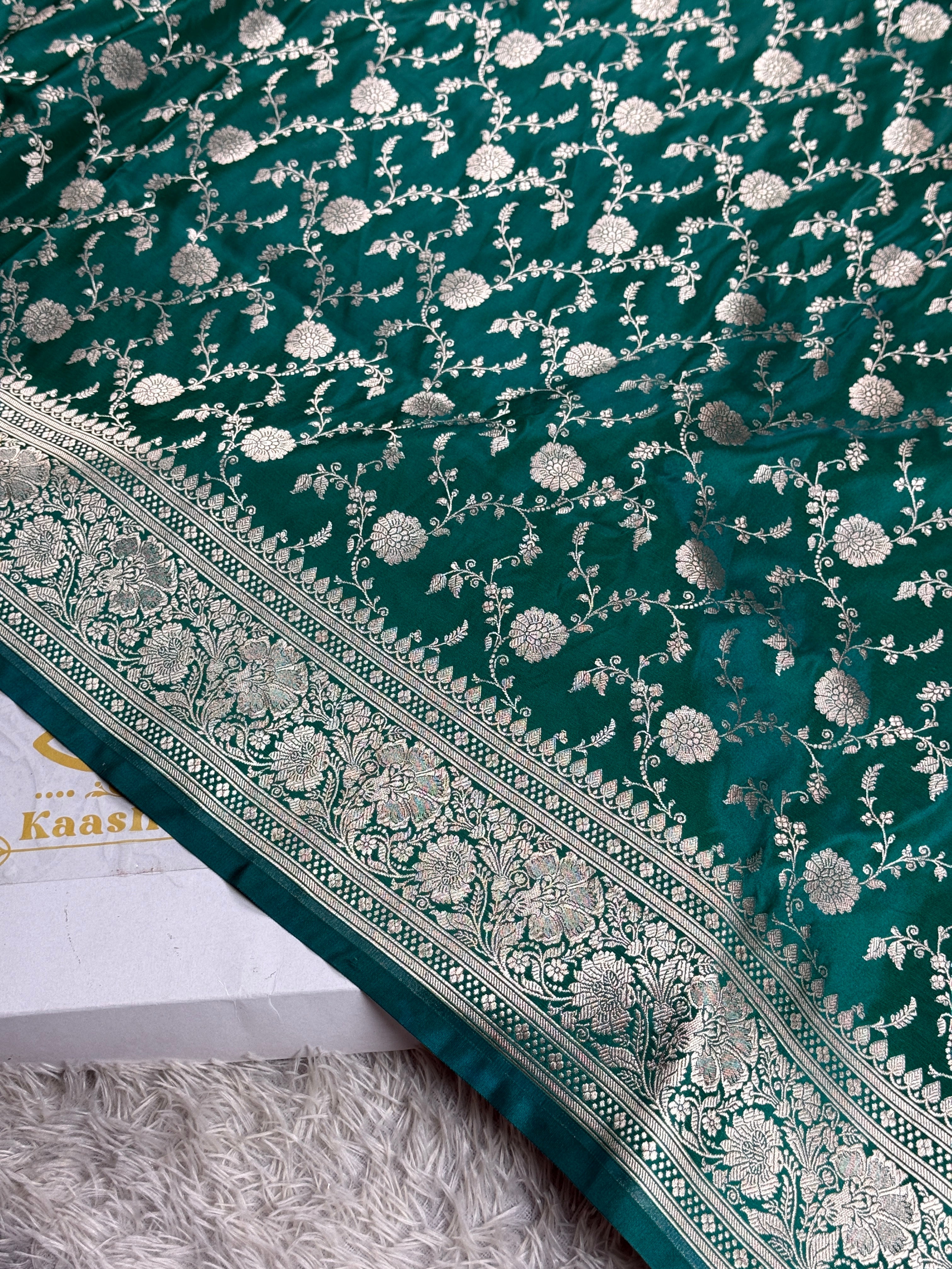 Sea Blue Mashru Kataan Silk Banarasi Saree with Jangla Weaving | Kaashi Threads | MKS502