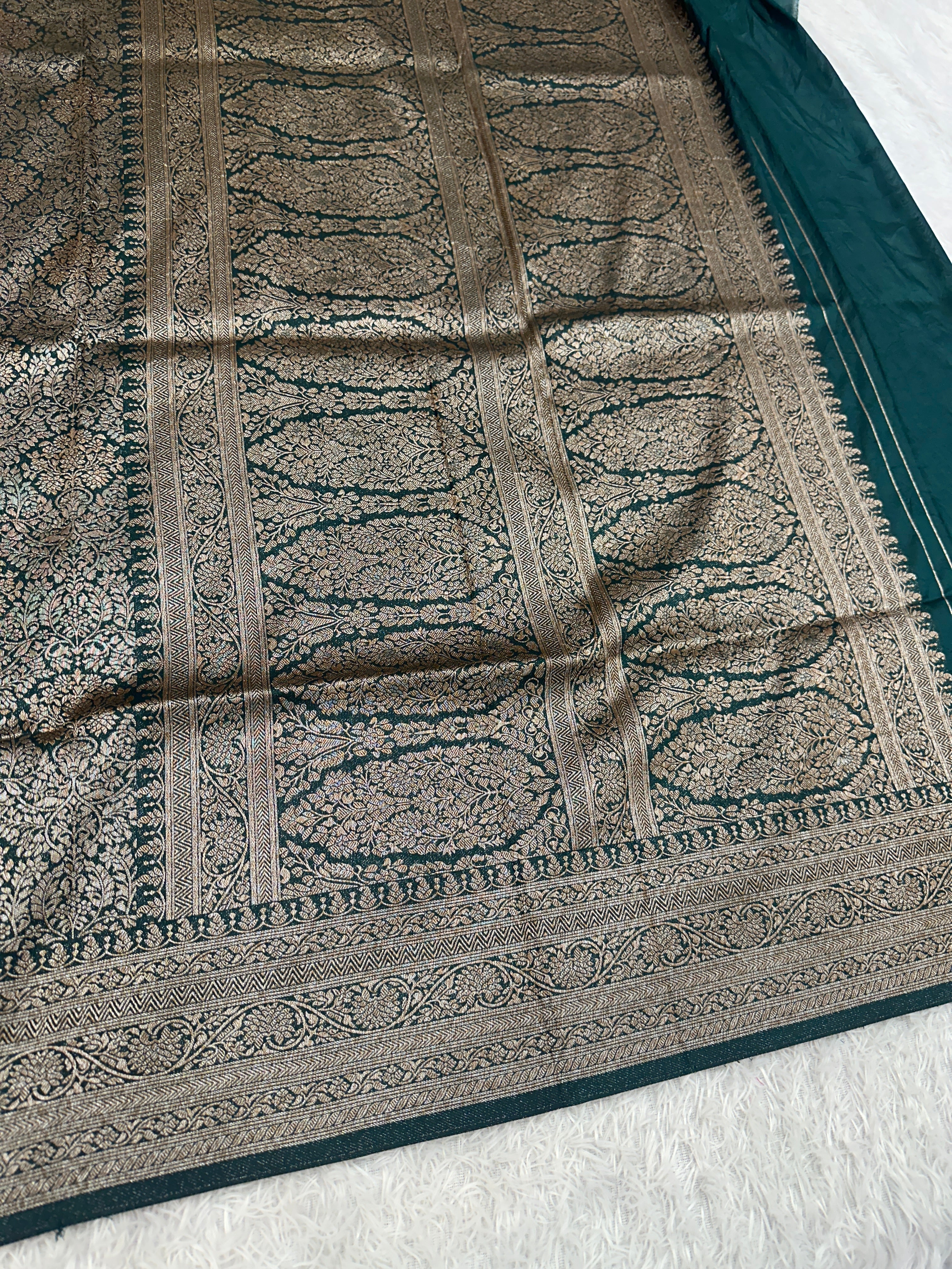 Bottle Green Banarasi Dupion Silk Saree with Embossed Antique Zari Weaving & Rich Antique Zari Pallu | STF78