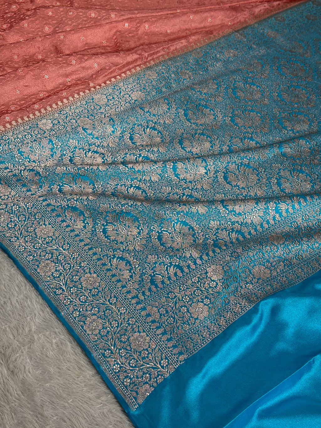 Contrast Pitch & Firozi Banarasi Satin Mashru Silk Saree with Zari Meena Tanchhoi Work MKS352