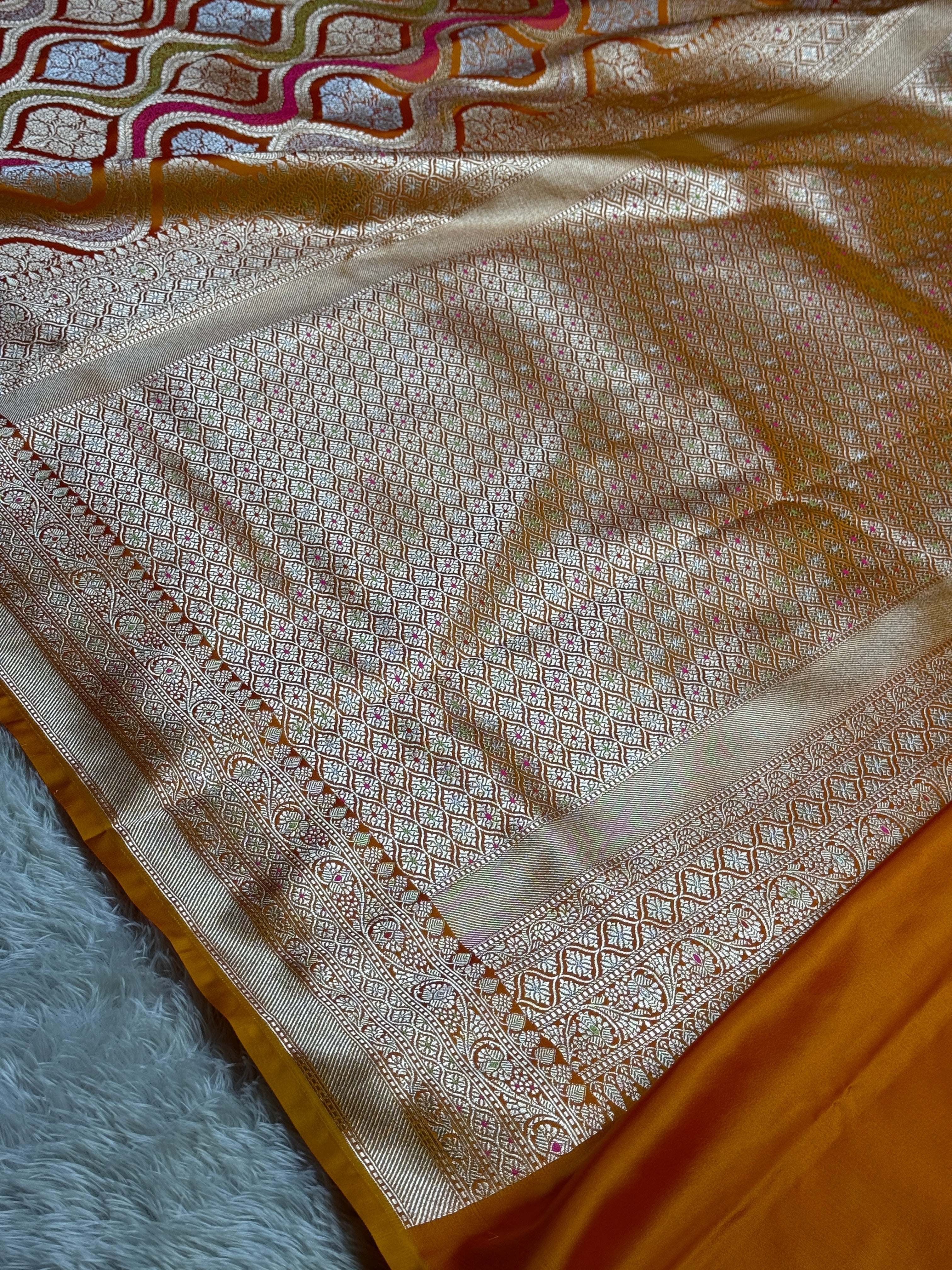 Mustard Orange Meena Kari Jaal Banarasi Satin Mashru Silk Saree MKS2