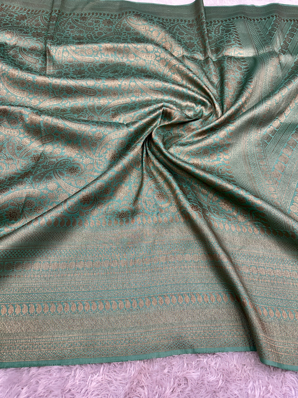 Sea Green Banarasi Dupion Silk Saree with Embossed Antique Zari Weaving & Rich Antique Zari Pallu | STF60