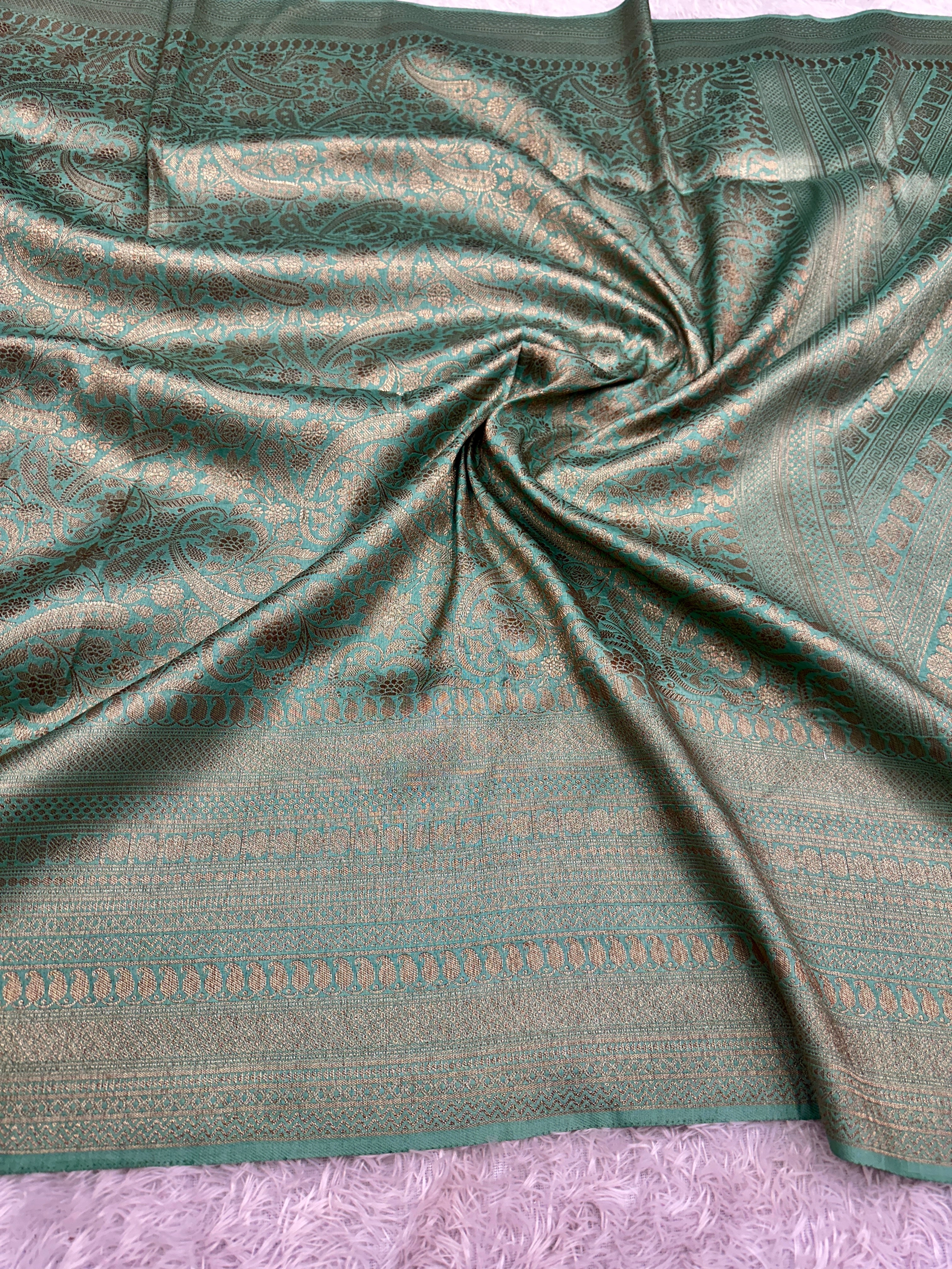 Sea Green Banarasi Dupion Silk Saree with Embossed Antique Zari Weaving & Rich Antique Zari Pallu | STF60