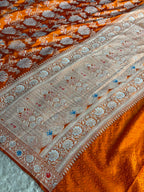 Rusty Orange Mashru Kataan Silk Banarasi Saree with Meenakari Zari Jaal Design | MKS745
